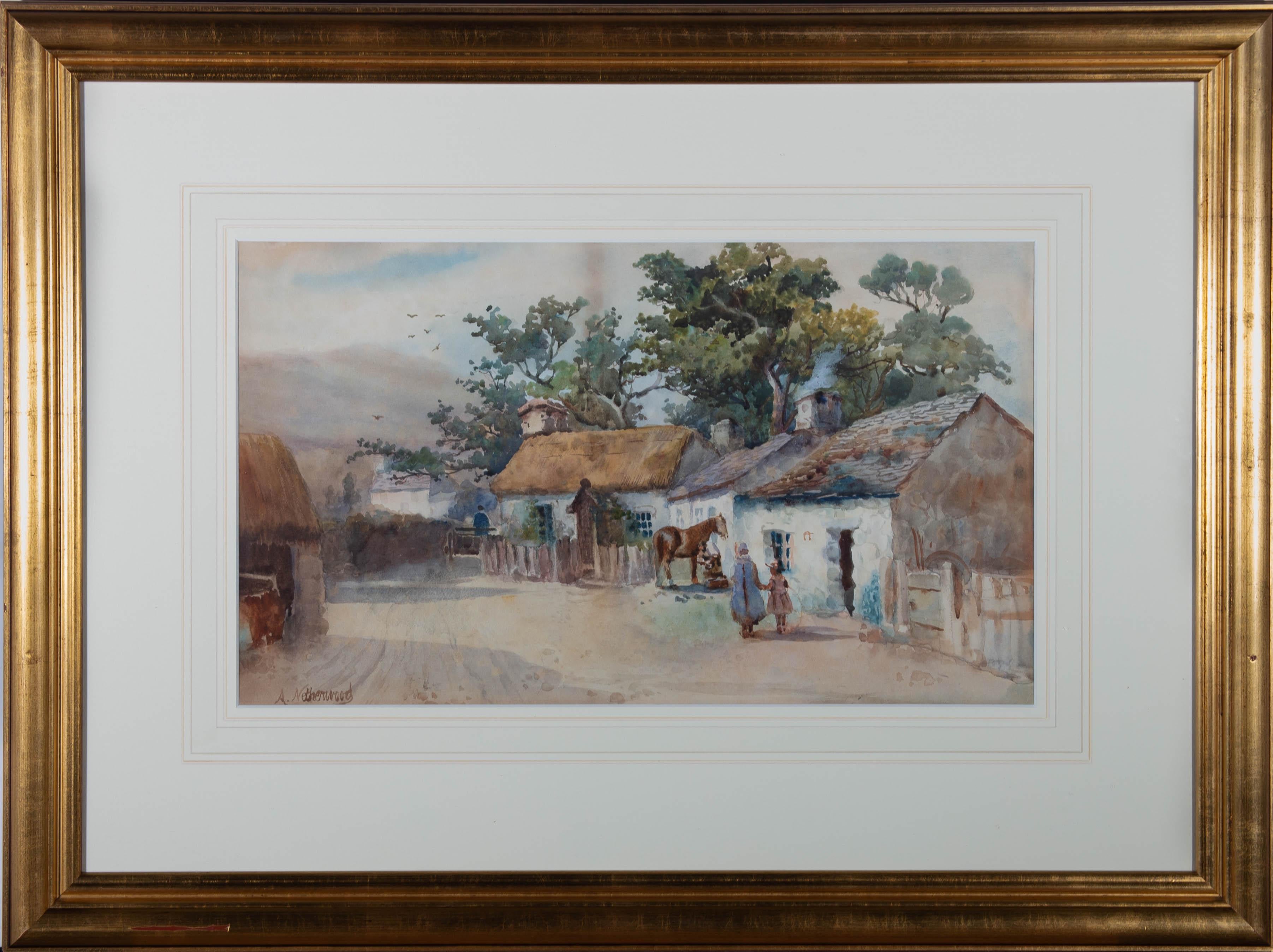 Arthur Netherwood (1864-1930) - Aquarelle du début du 20e siècle, cottages de campagne 1