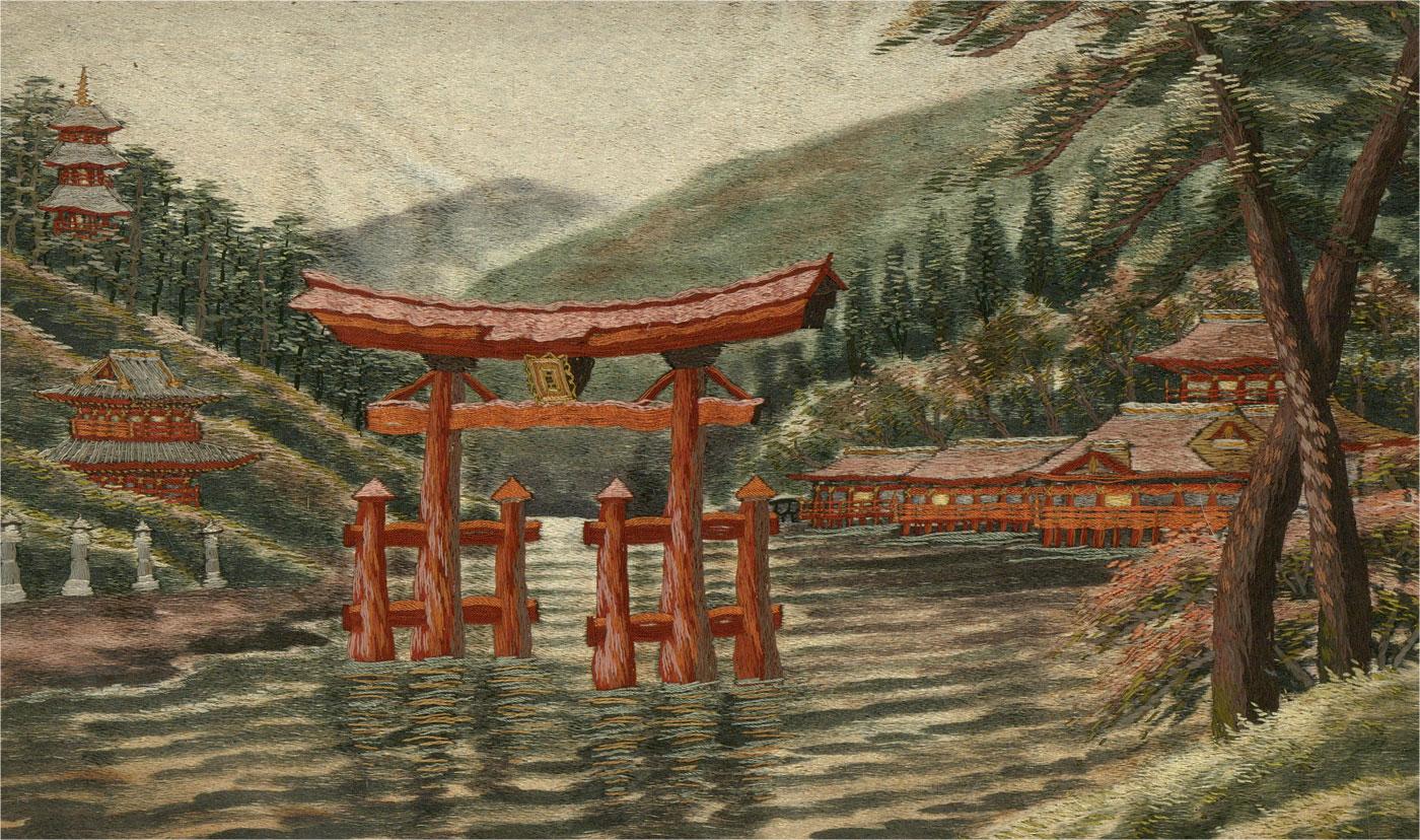 Turn of the Century Silk Embroidery - Shinto Shrine 1
