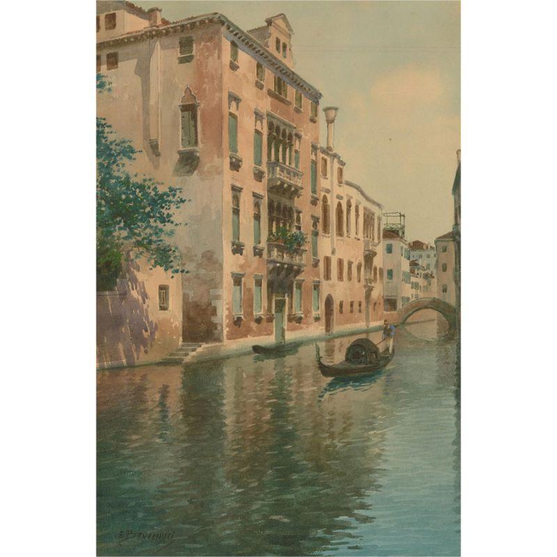 A fine and accomplished watercolour painting by the Italian artist Eugenio Benvenuti. The scene depicts a view in Venice, with a gondola and an arch bridge in the distance. Signed to the lower left-hand corner. On watercolour paper.
