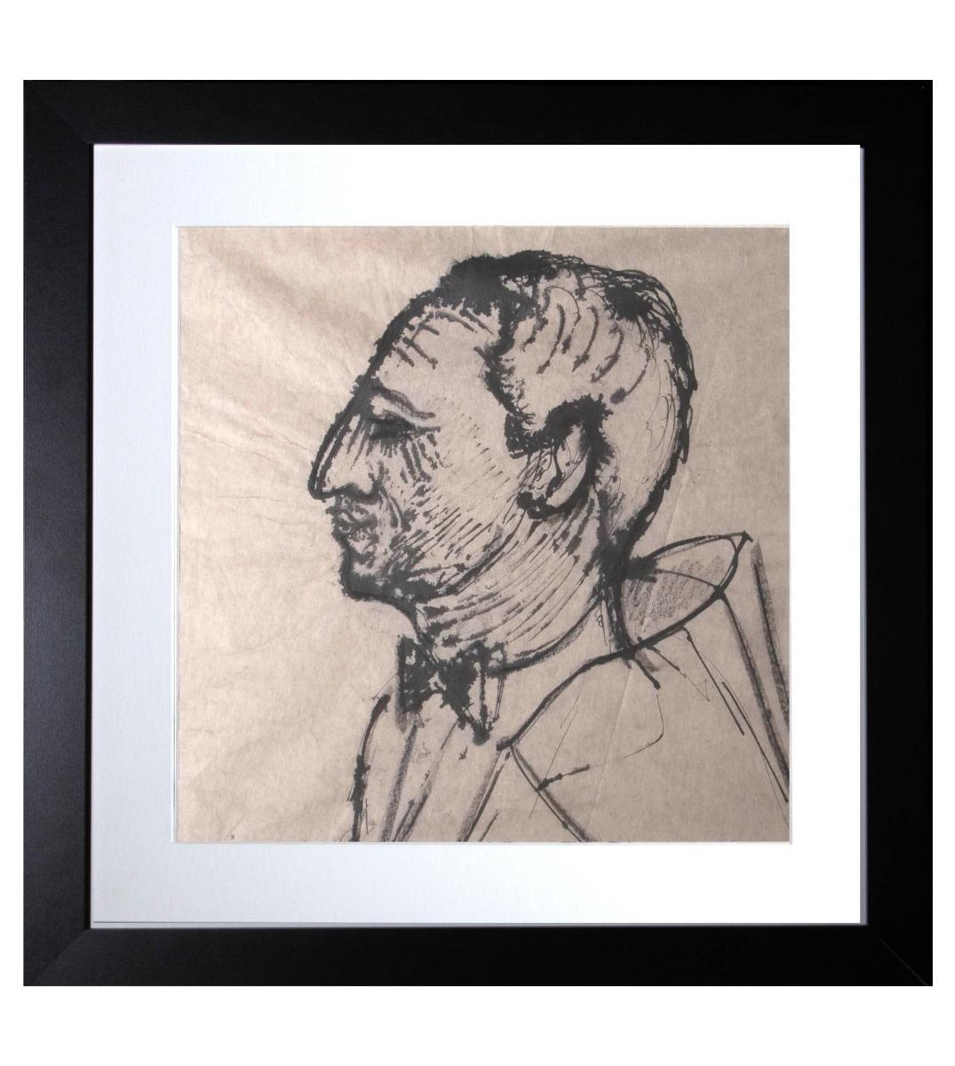 A striking male portrait in black India ink. The painting has been presented in a contemporary black frame with a white card mount. On thin chin colle.
