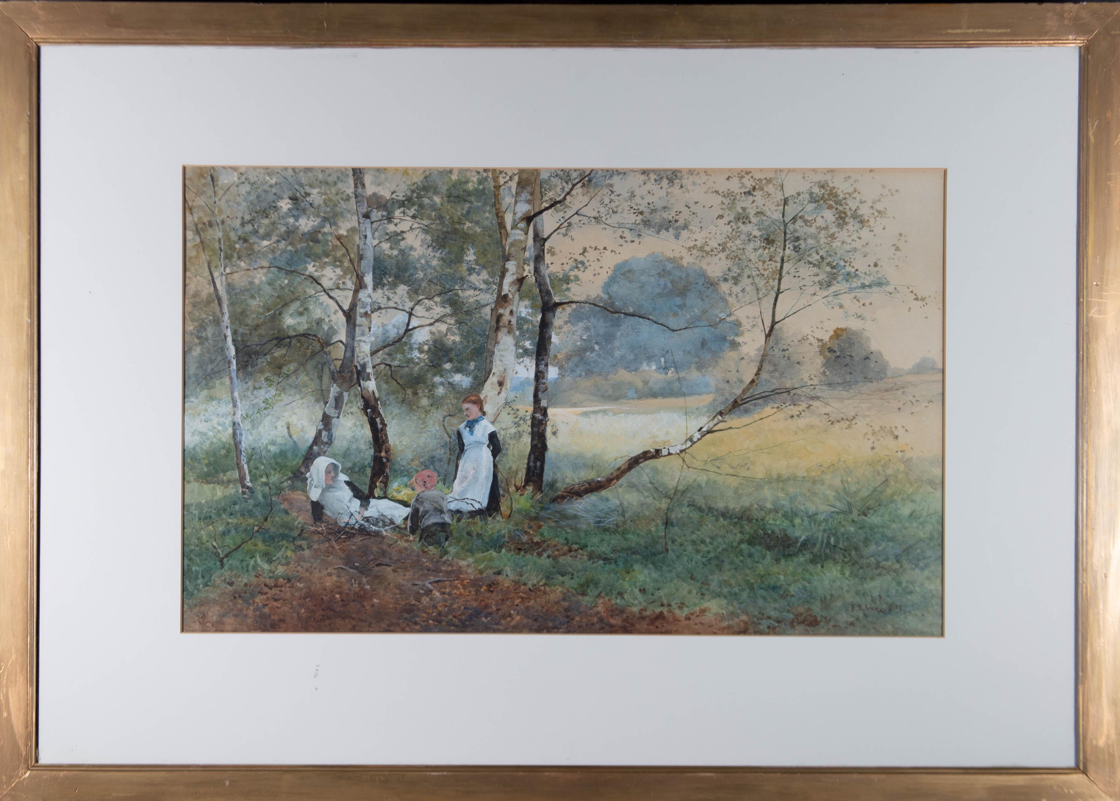 A watercolour and body colour landscape depicting three children playing in the woodland. Presented in the original glazing, a white mount, and a gilt-effect wooden frame. Signed and dated to the lower-right edge. On wove.
