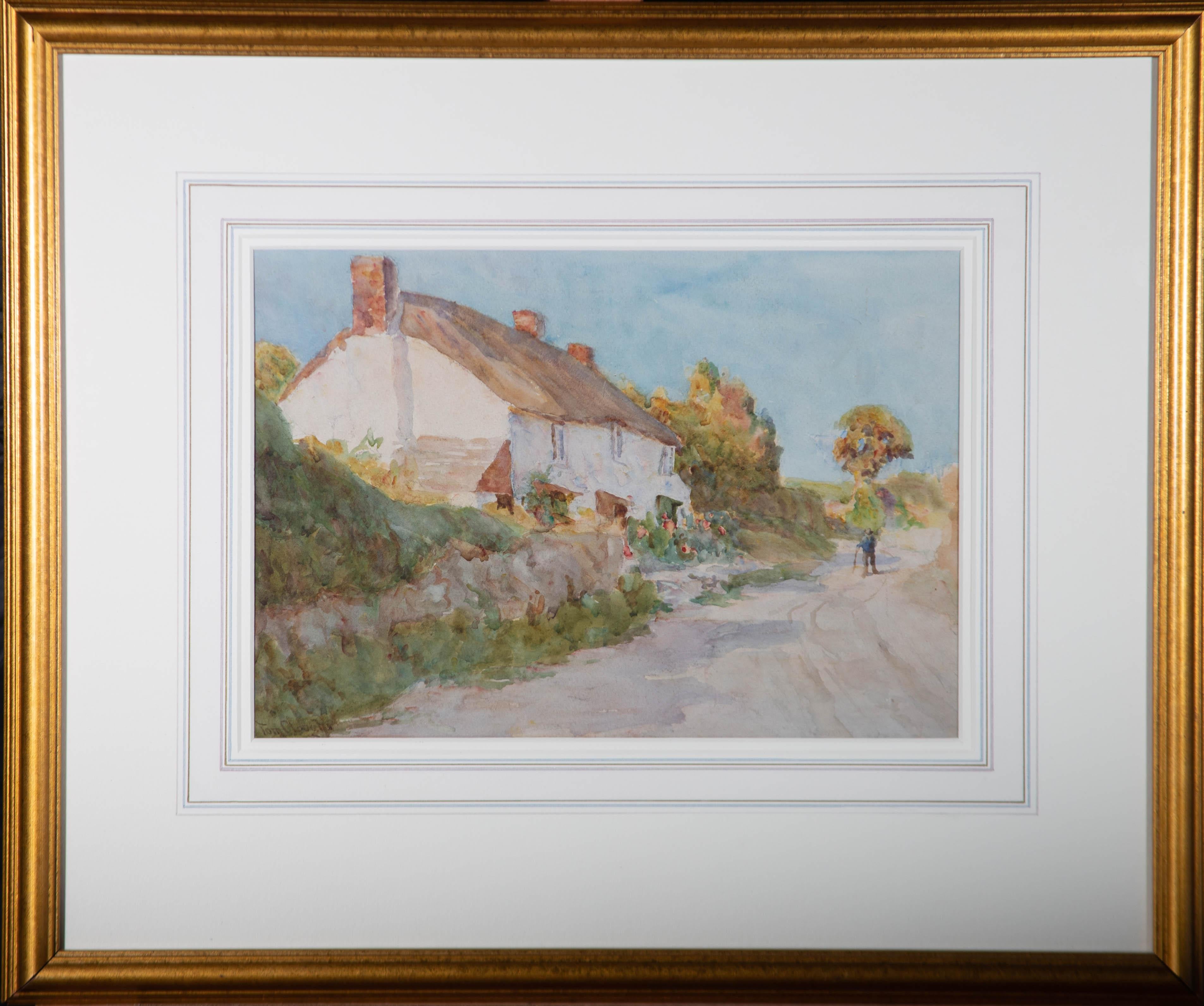 A charming summer scene of a thatched cottage on a country lane. A figure with a walking stick can be seen walking down the lane to the right of the composition. Presented in white washline mount and a distressed gilt-effect wooden frame. On