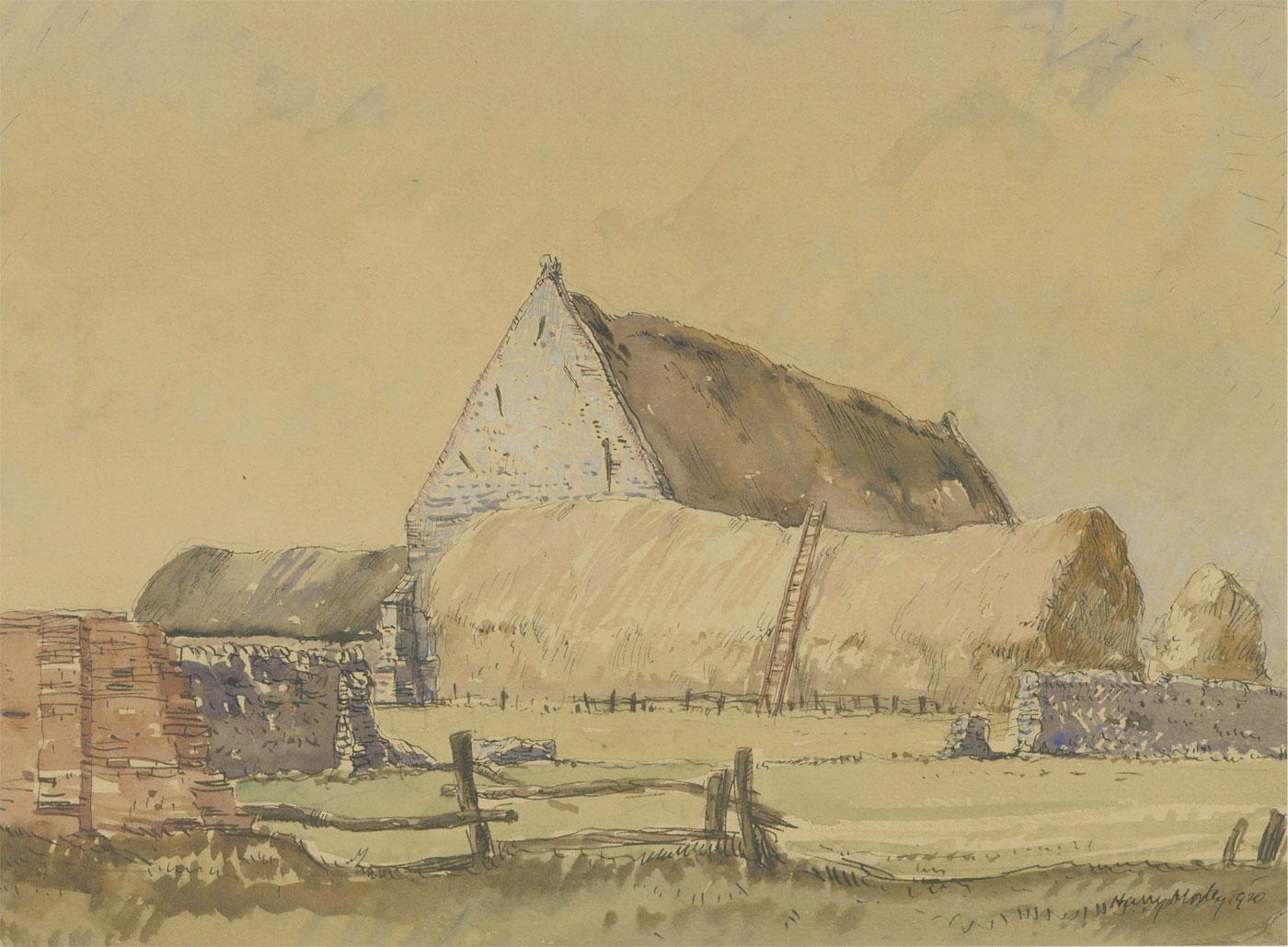 Harry Morley RWS (1881-1943) - 1920 Watercolour, Waxham Tithe Barn 1
