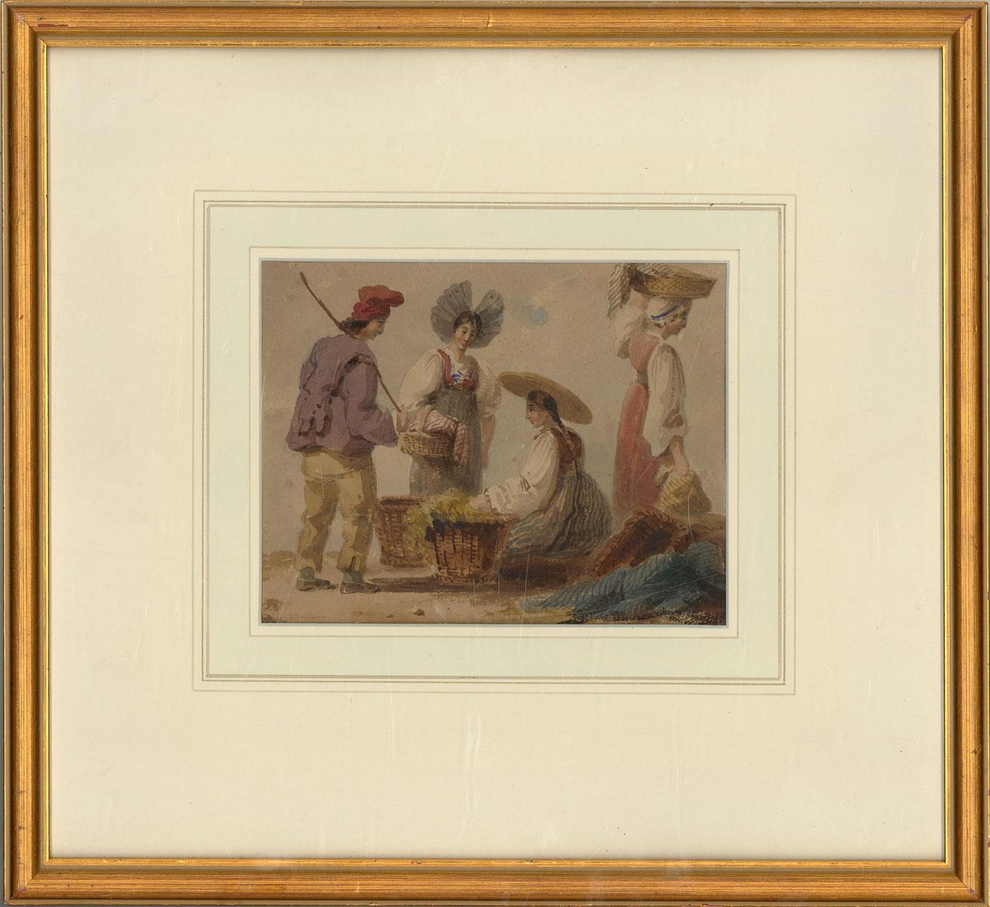 A delightful watercolour painting with gouache details, depicting traditional street vendors with their baskets. Well-presented in a washline card mount and in a distressed gilt effect frame. On watercolour paper.
