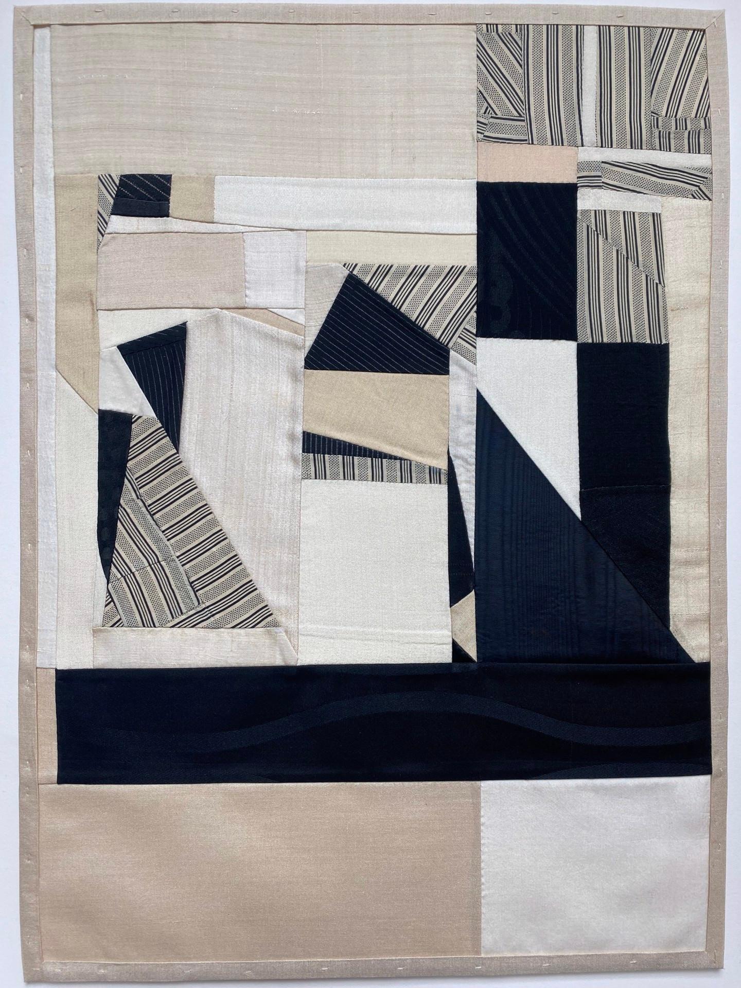 Debra Smith's fabric collages are like snippets of contemporary quilts. She recycles fabrics, such as the silk linings of antique Japanese kimonos used to make much of her current body of work. The silks are different shades of neutral and lend a