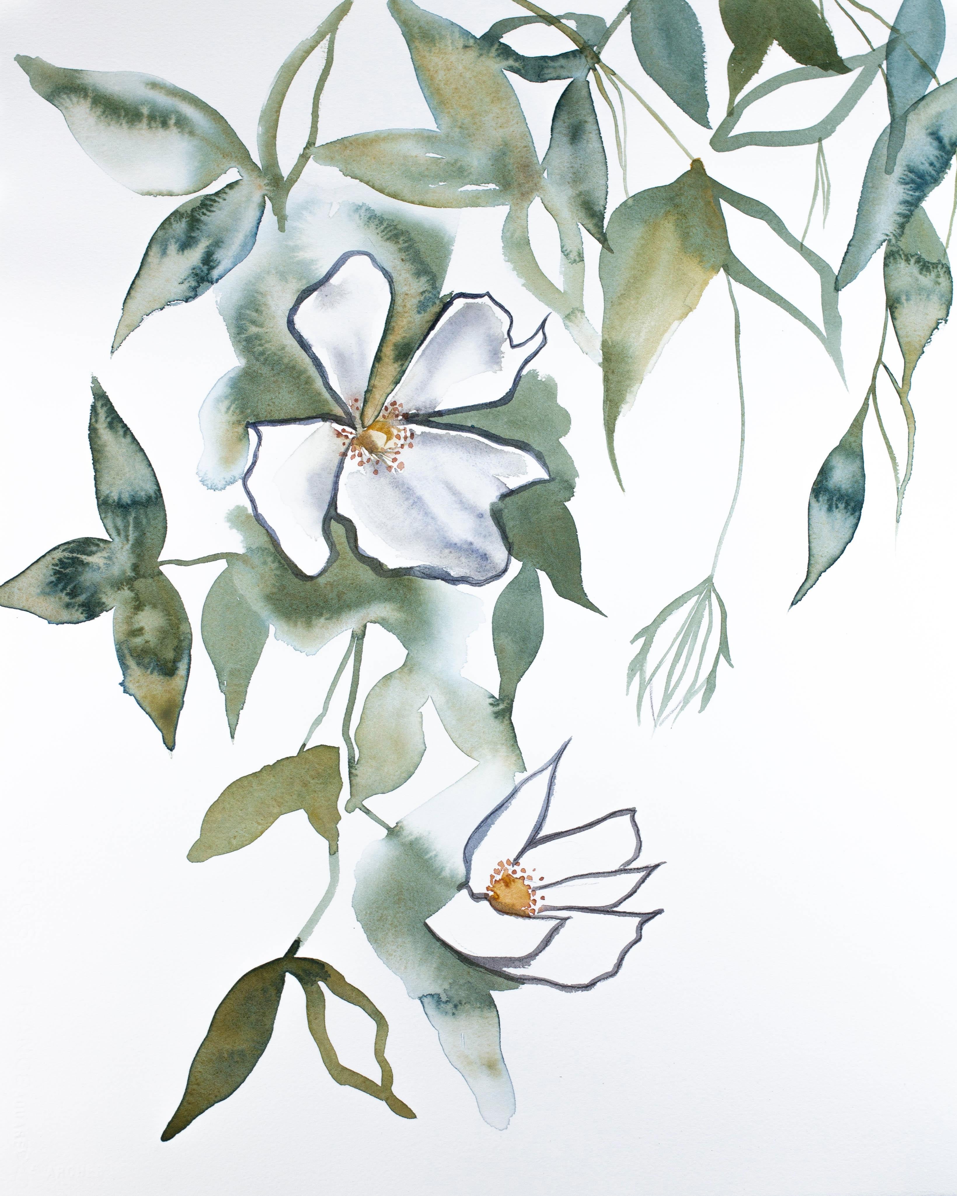 Original minimalistisches Blumen-Aquarell-Stilllebenstudie Cherry Blossom Nr. 13, – Art von Elizabeth Becker