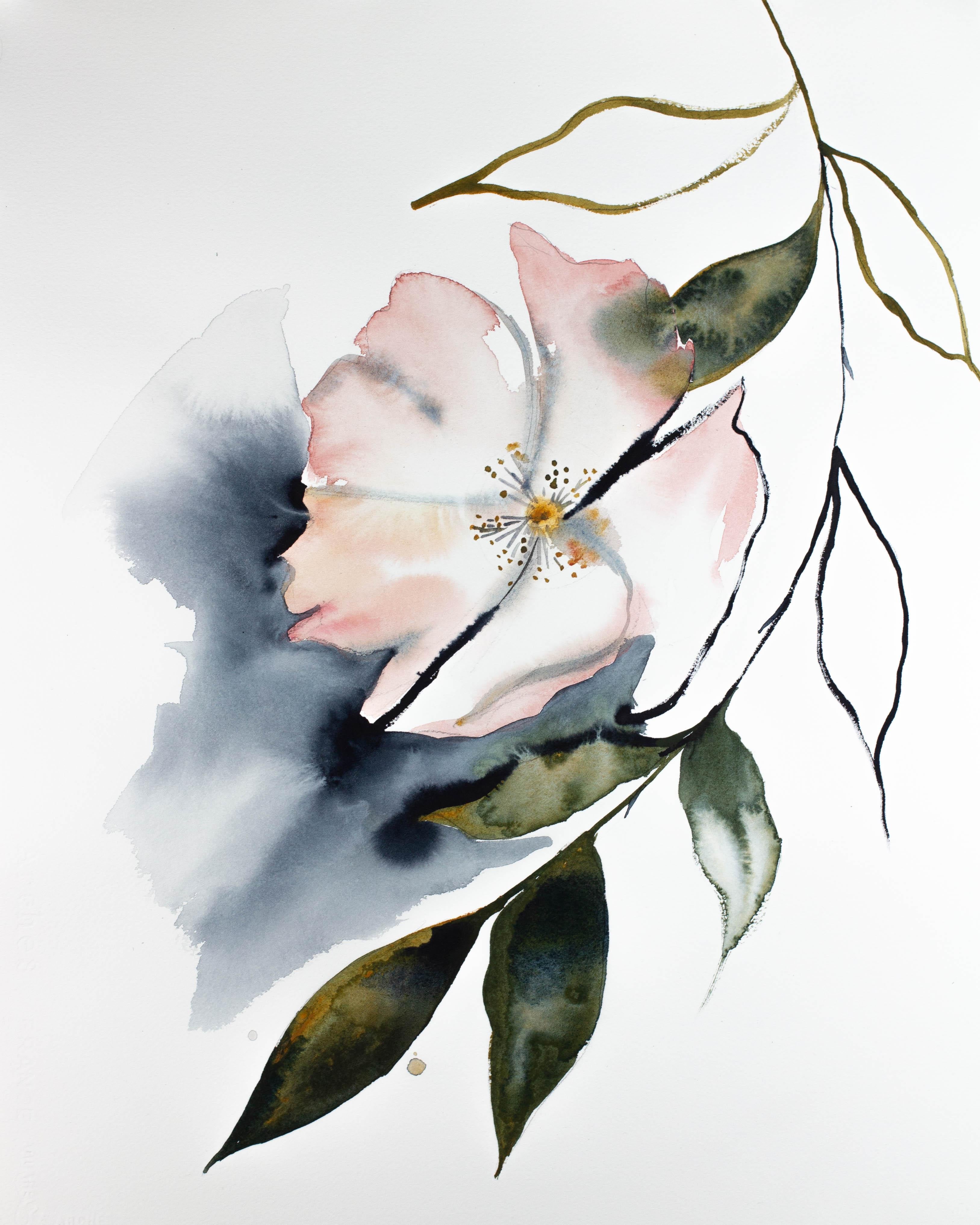 Elizabeth Becker Still-Life – Kirschblütenblatt Nr. 12, Original minimalistische florale Aquarell-Stilllebenstudie