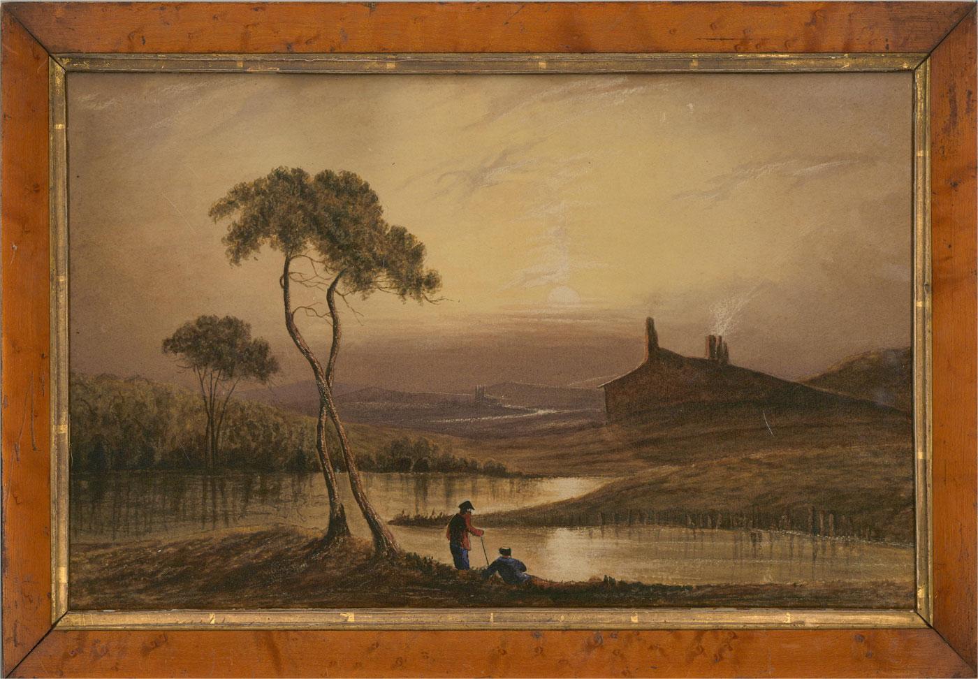 A late-18th century watercolour with body colour depicting two figures resting by a lake. The viewer joins these figures in looking out at the sweeping landscape that stretches into the distance. Presented glazed in a burr wood frame with a