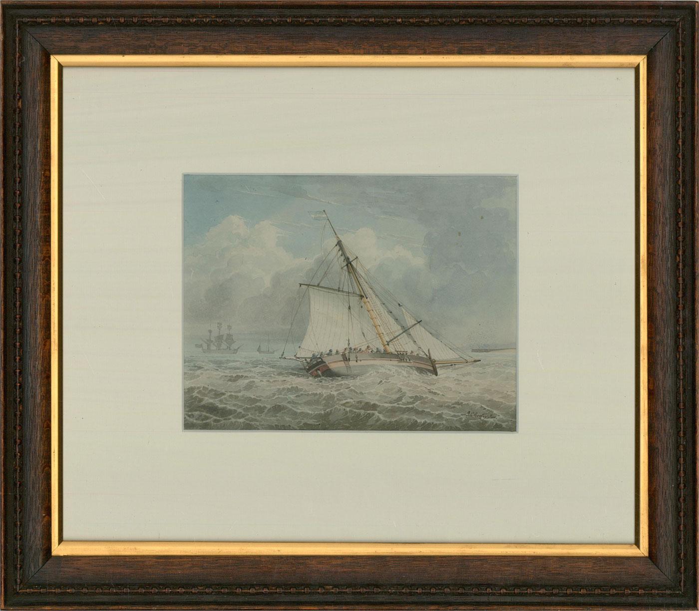 A fine 18th century watercolour of a cutter at sea by the prominent maritime artist John Cleveley the Younger (1747-1786). Presented glazed in a white mount and an oak frame with beaded detailing and a gilt-effect inner edge. Signed to the