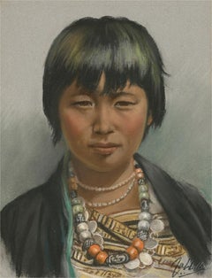 J.A. Hulbert (1900-1979) - Pastel du milieu du 20e siècle, garçon tibétain