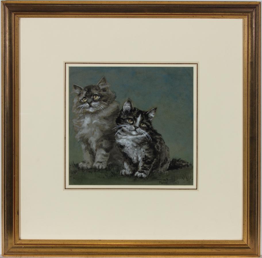 A fine watercolour painting with gouache details by the artist Muriel Hunt, depicting two grey kittens. The colour palette, use of light and shade, and attention to detail beautifully highlight the artist's proficiency in the medium and subject.