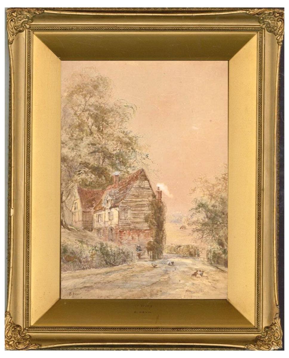 Ein feines und zartes Aquarell mit Gouache-Details von E. Nevil. Die Szene zeigt eine ländliche Ansicht mit einem Bauernhaus und einer Figur. Signiert in der linken unteren Ecke. Name des Künstlers und Ort auf dem Zettel am unteren Rand vermerkt.