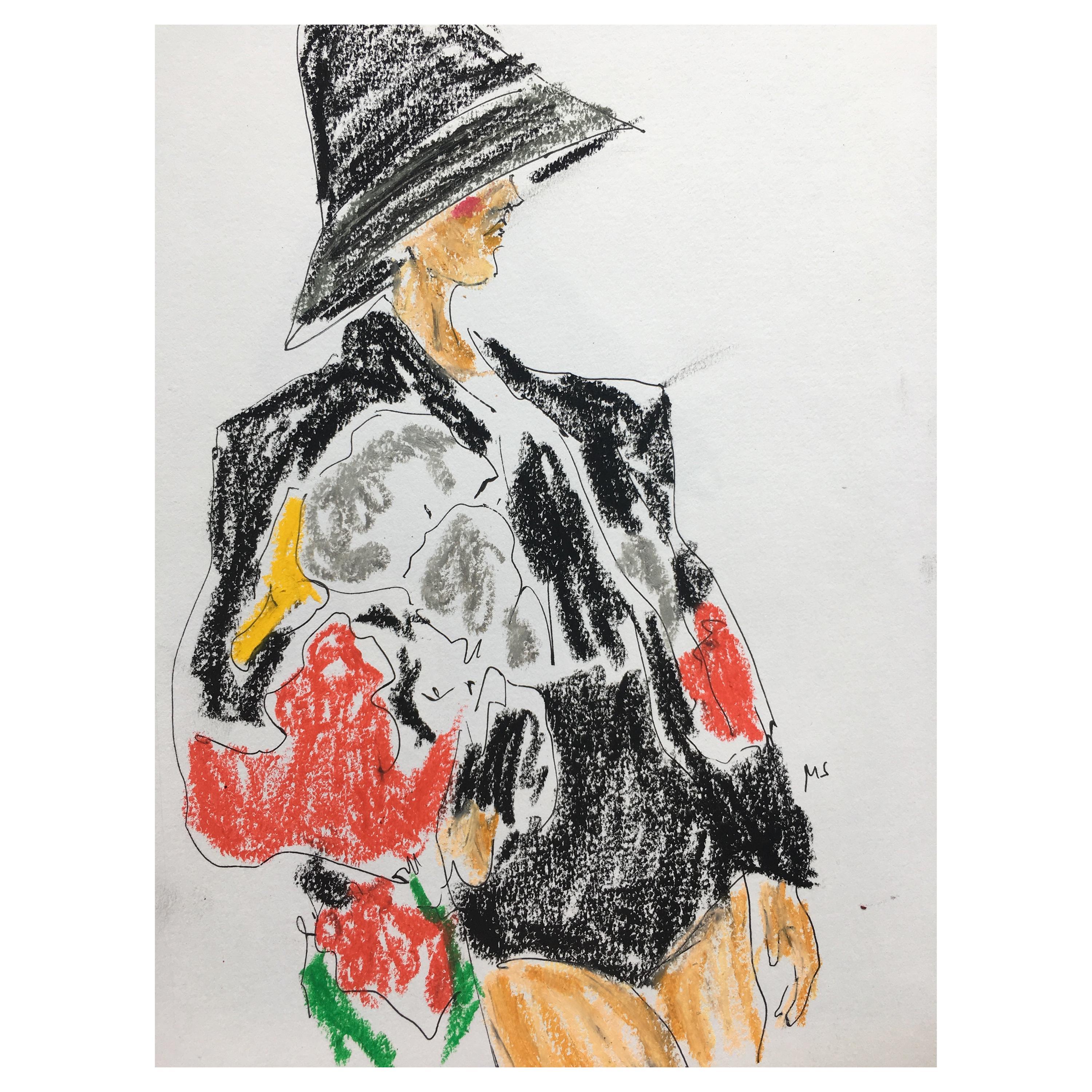Manuel Santelices Figurative Painting - Valentino Fall Oil Pastel on Paper. Fashion painting on paper