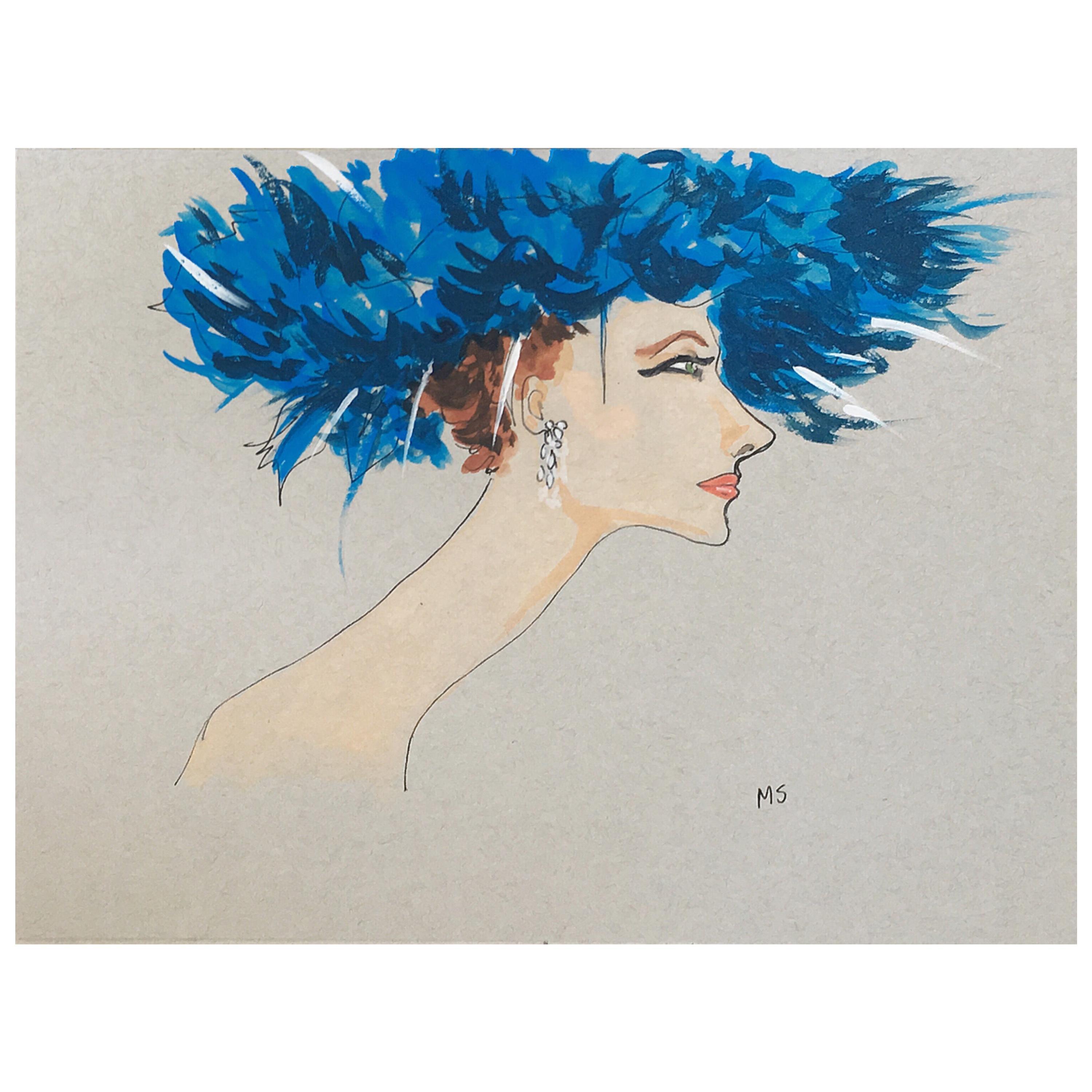 Manuel Santelices Portrait - Suzy Parker in a Blue Hat. Watercolor fashion portrait on archive paper.
