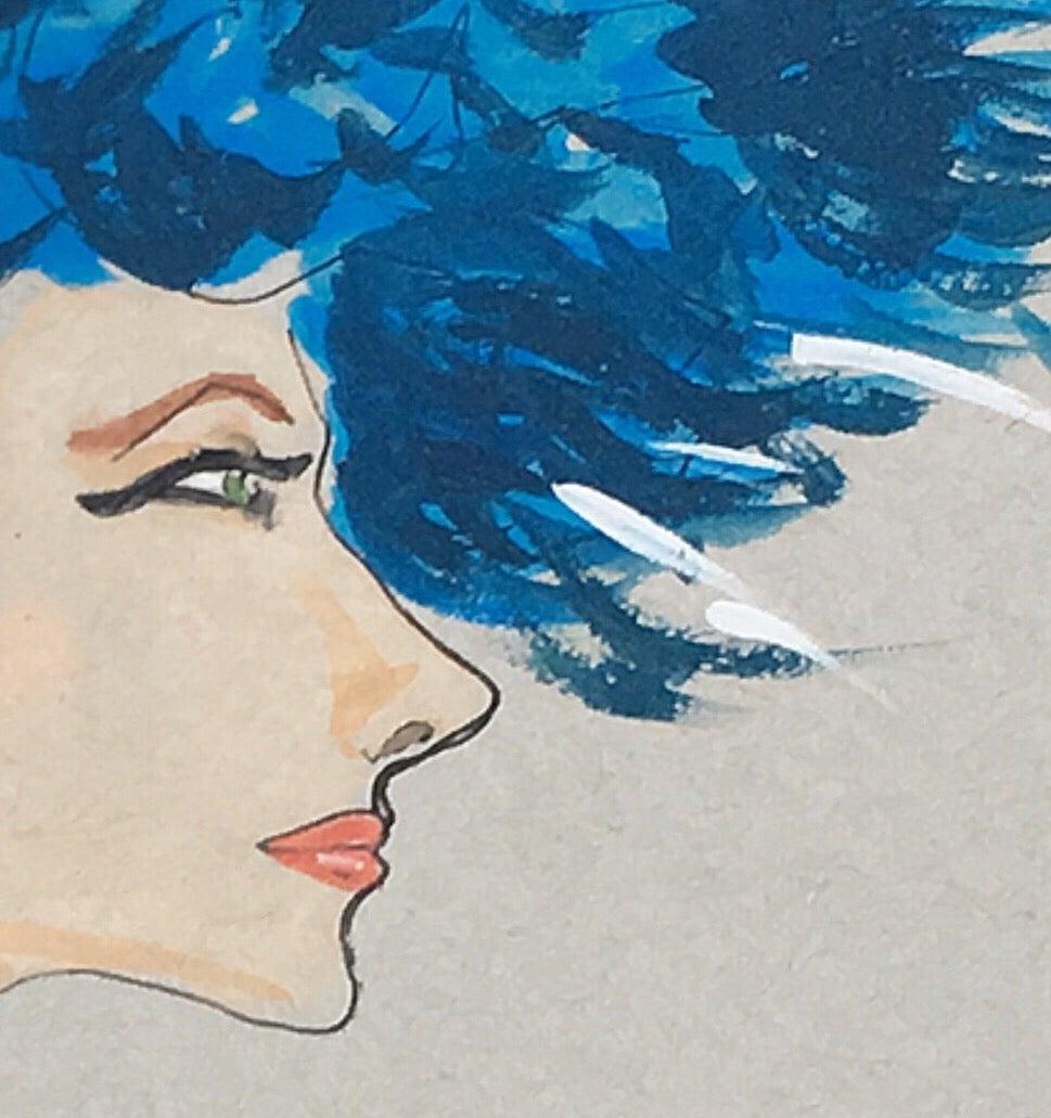 Suzy Parker in a blue hat
One of a kind watercolor signed by the artist
Measures: 7.5 x 9.75 inches
2018
Unframed 

 Manuel Santelices explores the world of fashion, society and pop culture through his illustrations. A Chilean artist and journalist