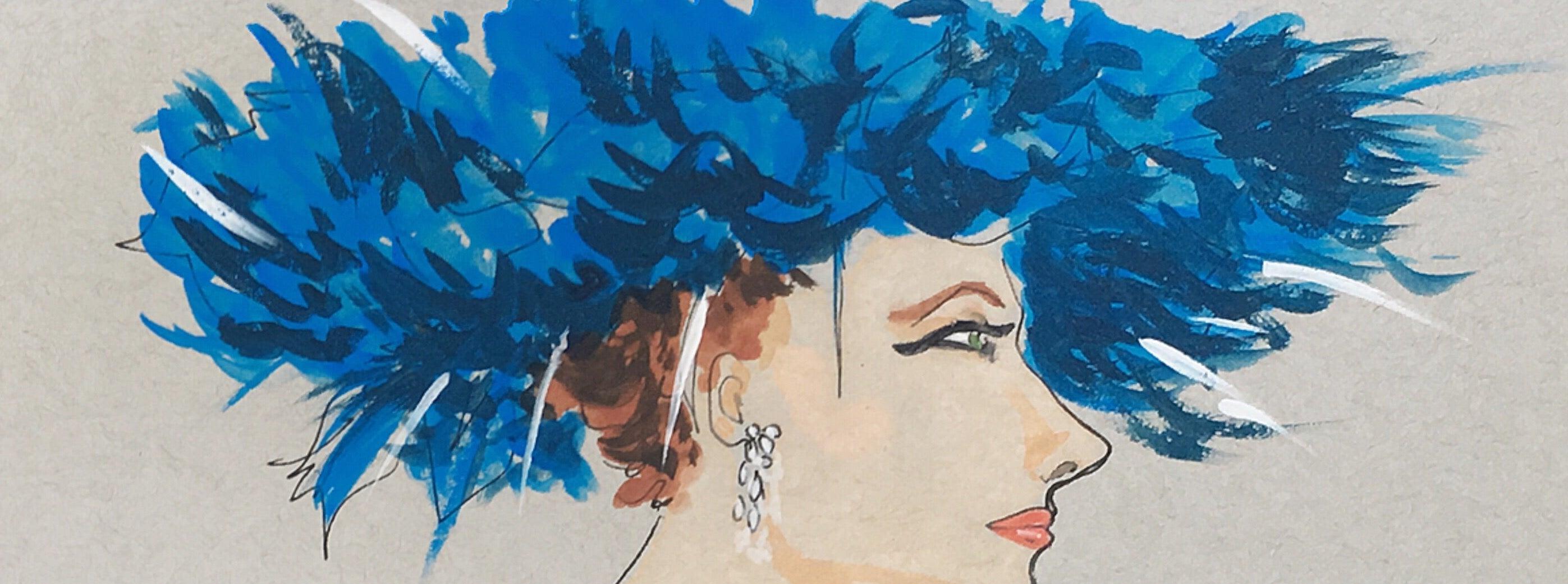 Suzy Parker in a Blue Hat. Watercolor fashion portrait on archive paper. - Gray Portrait by Manuel Santelices