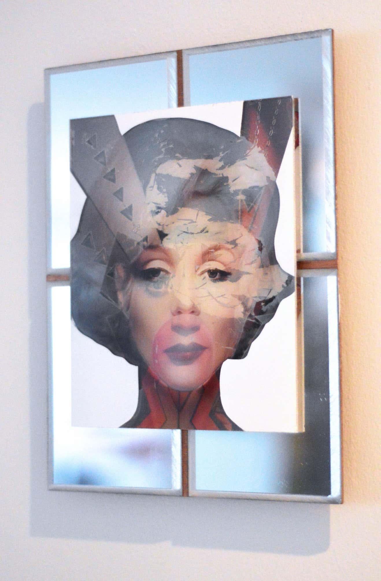 Mixed-Media-Abstraktes Bild „Marilyn Monroe“ auf Holz mit Spiegelintarsien im Angebot 1