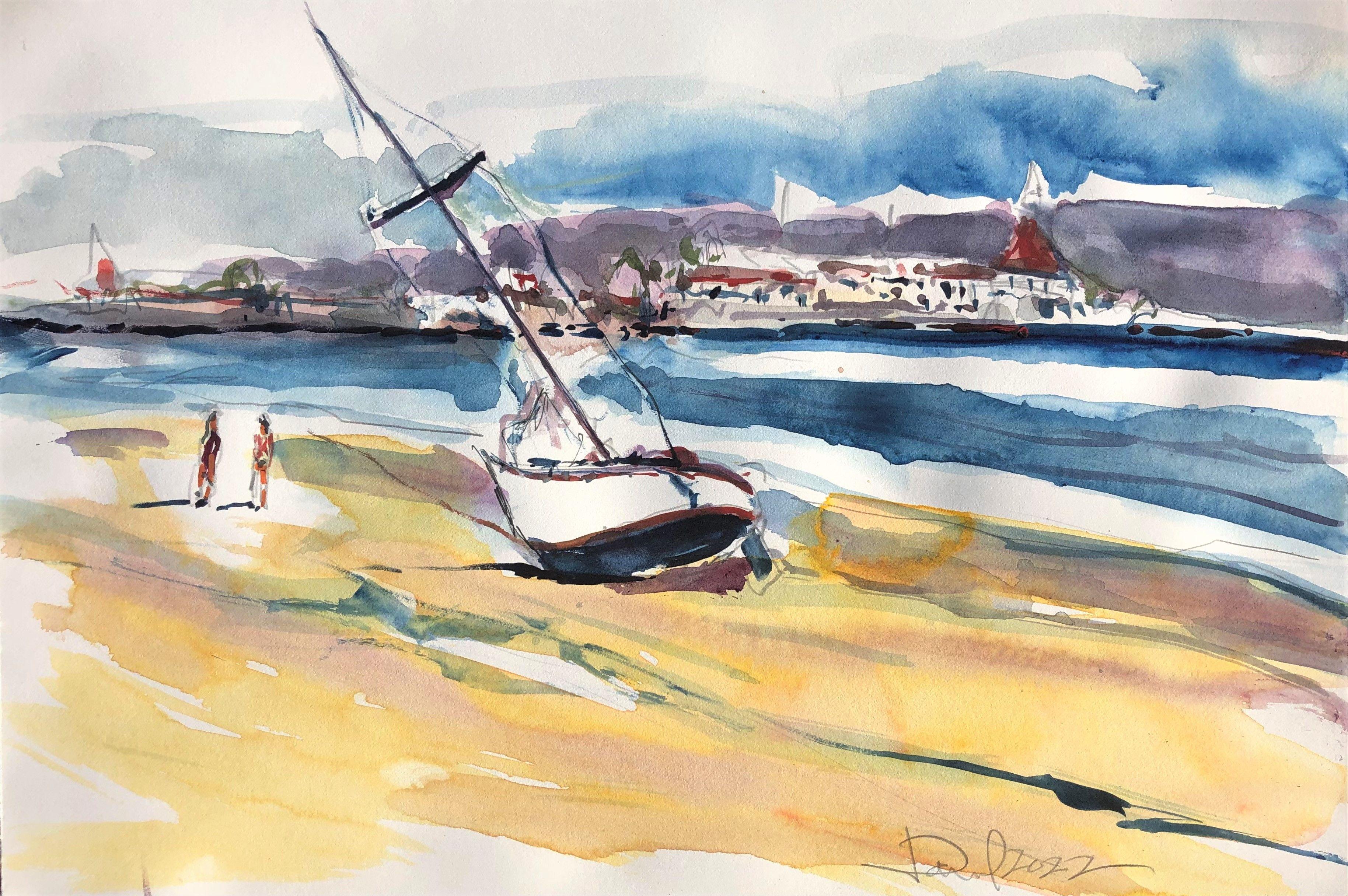 Coronado Beach Scene, Painting, Watercolor on Watercolor Paper - Art by Daniel Clarke
