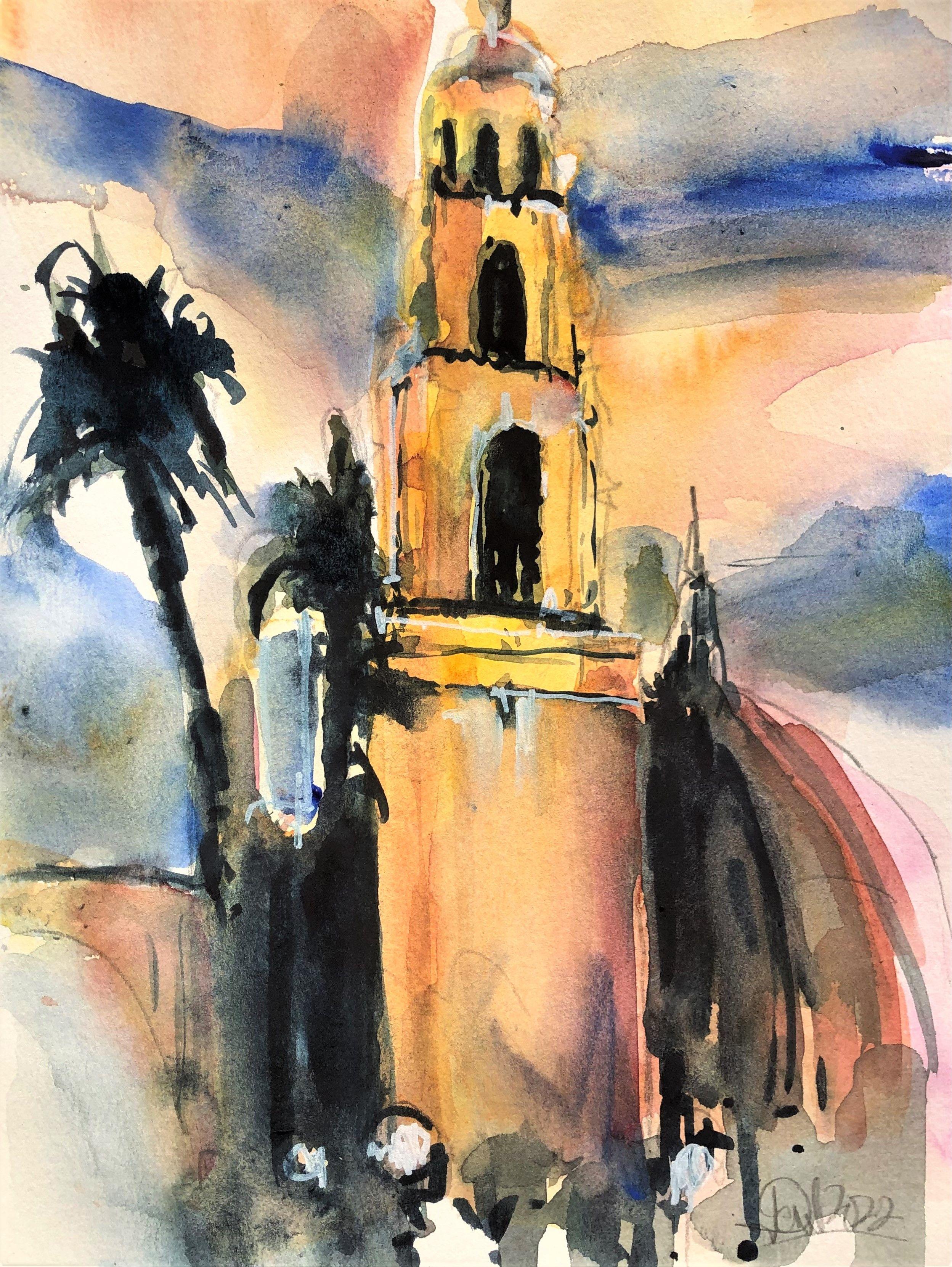 Balboa Park, soirée, peinture, aquarelle sur papier aquarelle - Art de Daniel Clarke