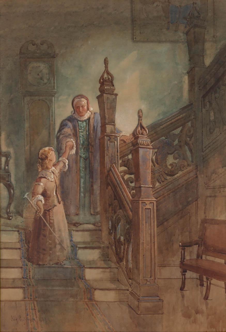 A charming watercolour interior scene from the late 19th Century, showing a Jacobean stairwell, with a young girl leading her grandmother, carefully, down the stairs. The artist has signed and dated to the lower left corner and the painting has been