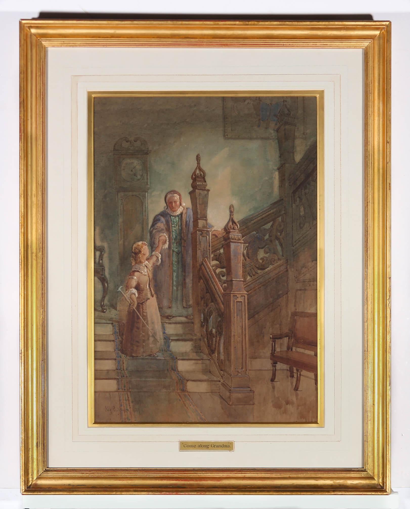 Alfred Parkman (1852-1930) - 1889 Watercolour, Come Along Grandma For Sale 1