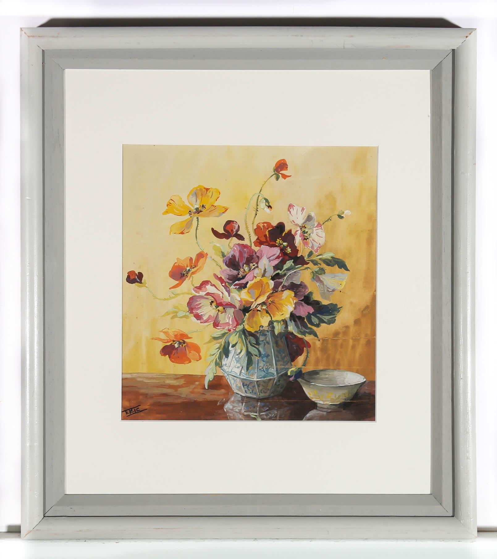 Eric - Gouache de mediados del siglo XX, Amapolas en porcelana en venta 4