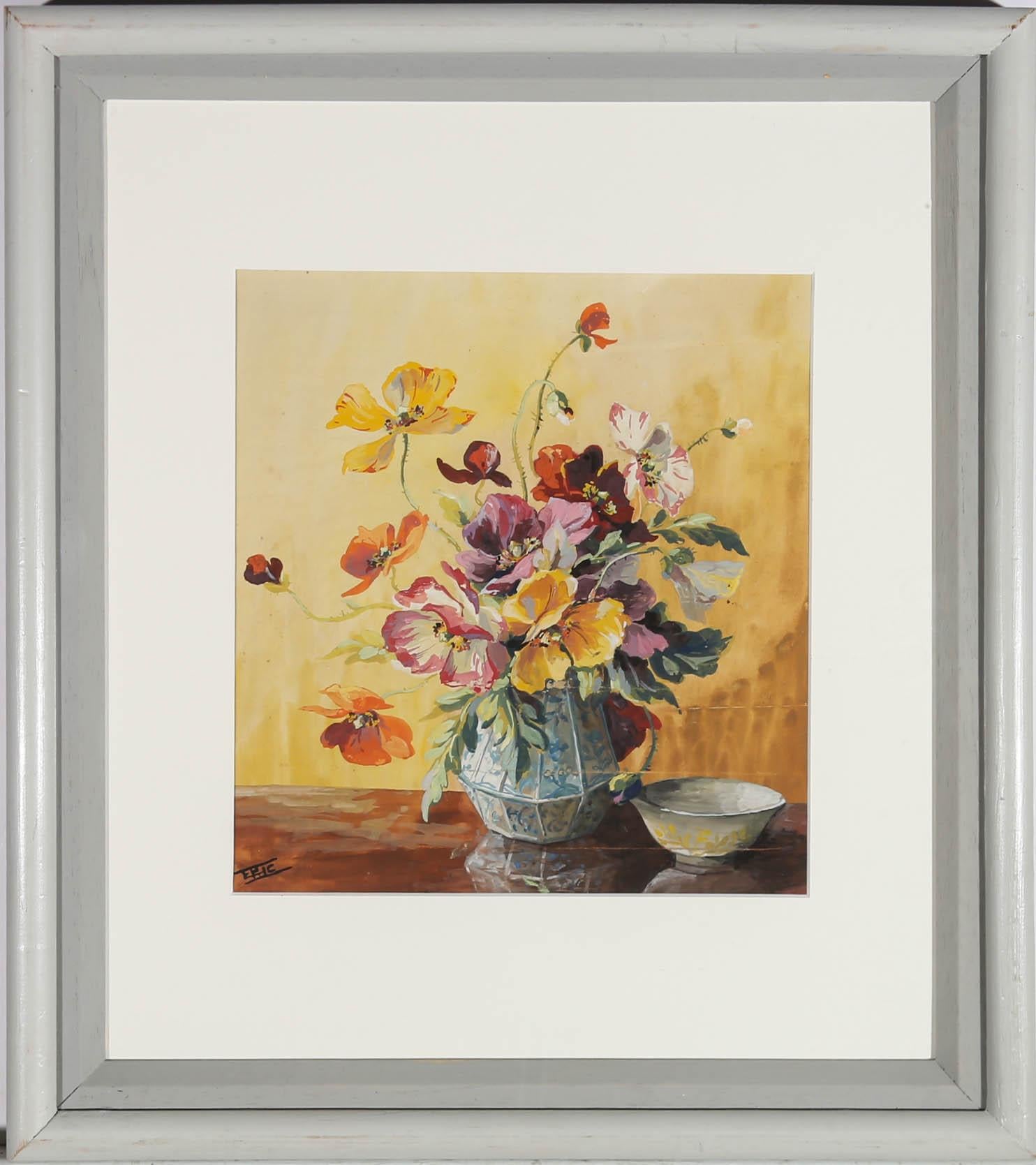 Eric - Gouache de mediados del siglo XX, Amapolas en porcelana en venta 1