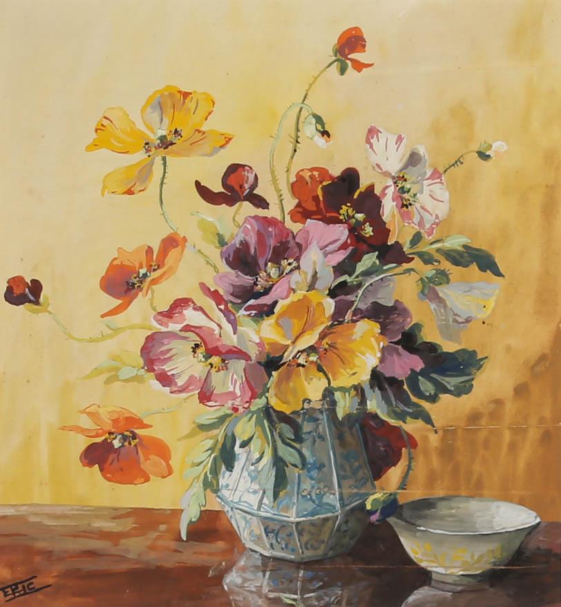 Eric - Gouache de mediados del siglo XX, Amapolas en porcelana en venta 3
