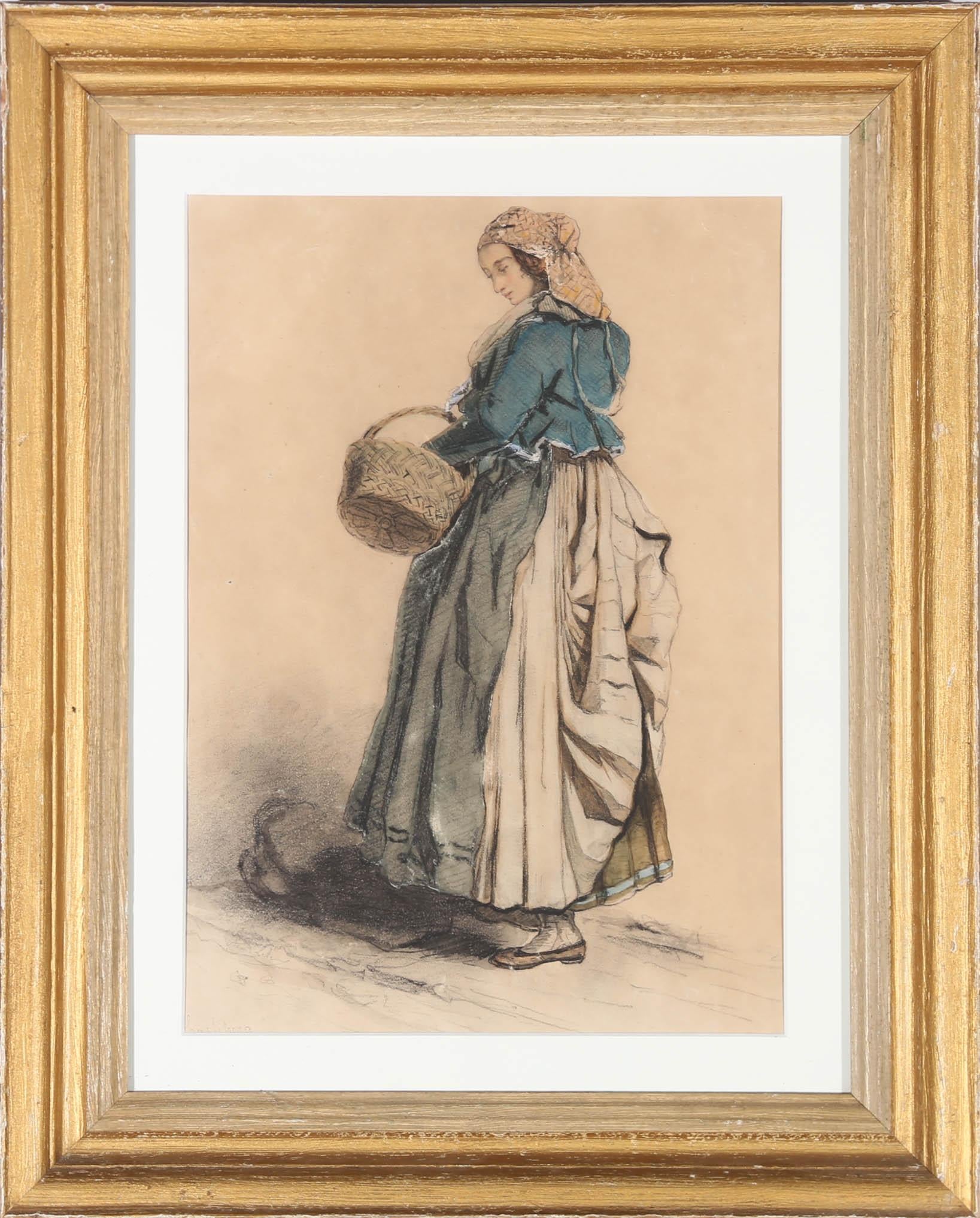 A fine 19thC charcoal and watercolour study of a young woman from the town of Halisberg in Switzerland. The artist has signed faintly to the lower left and inscribed the location to the lower left corner. Presented in a 20th Century gilt frame with