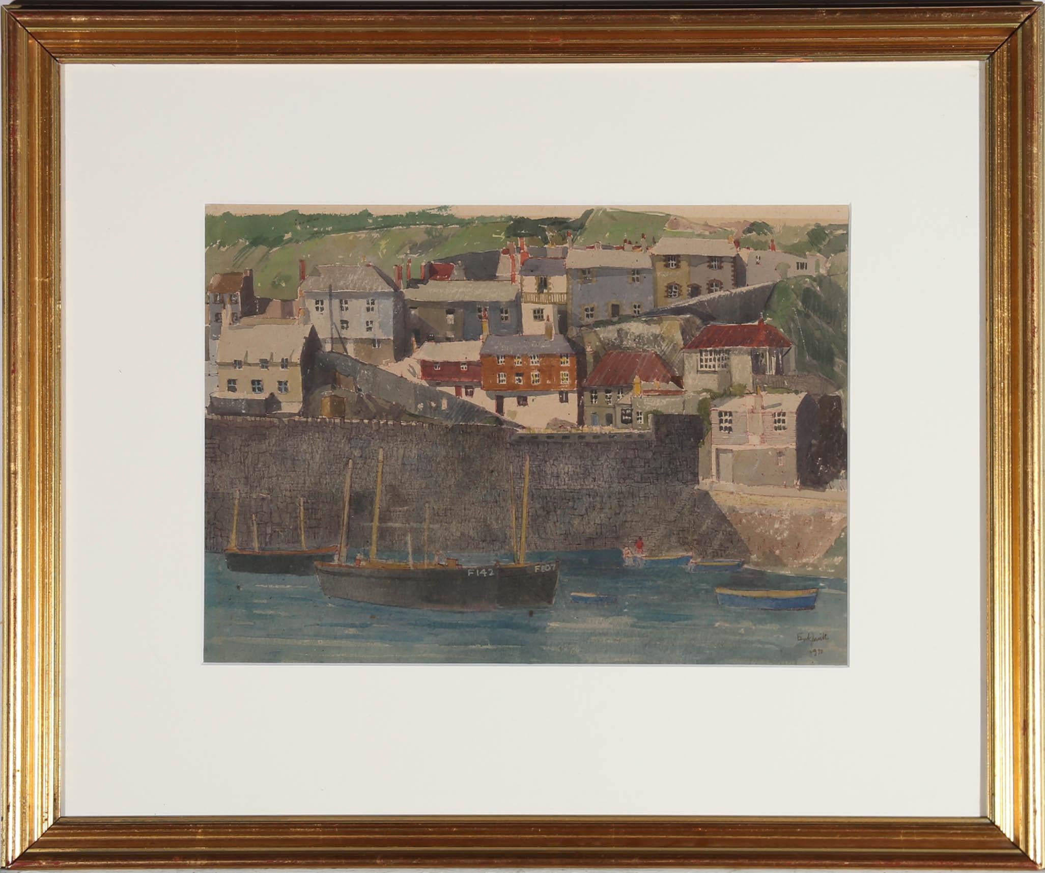 This charming watercolour study by British artist Erik Smith (1914-1972), features a delightful fishing town with stacked coastal properties lining a quiet Cornish harbour. The artist's fine ink details and controlled application of paint brings an