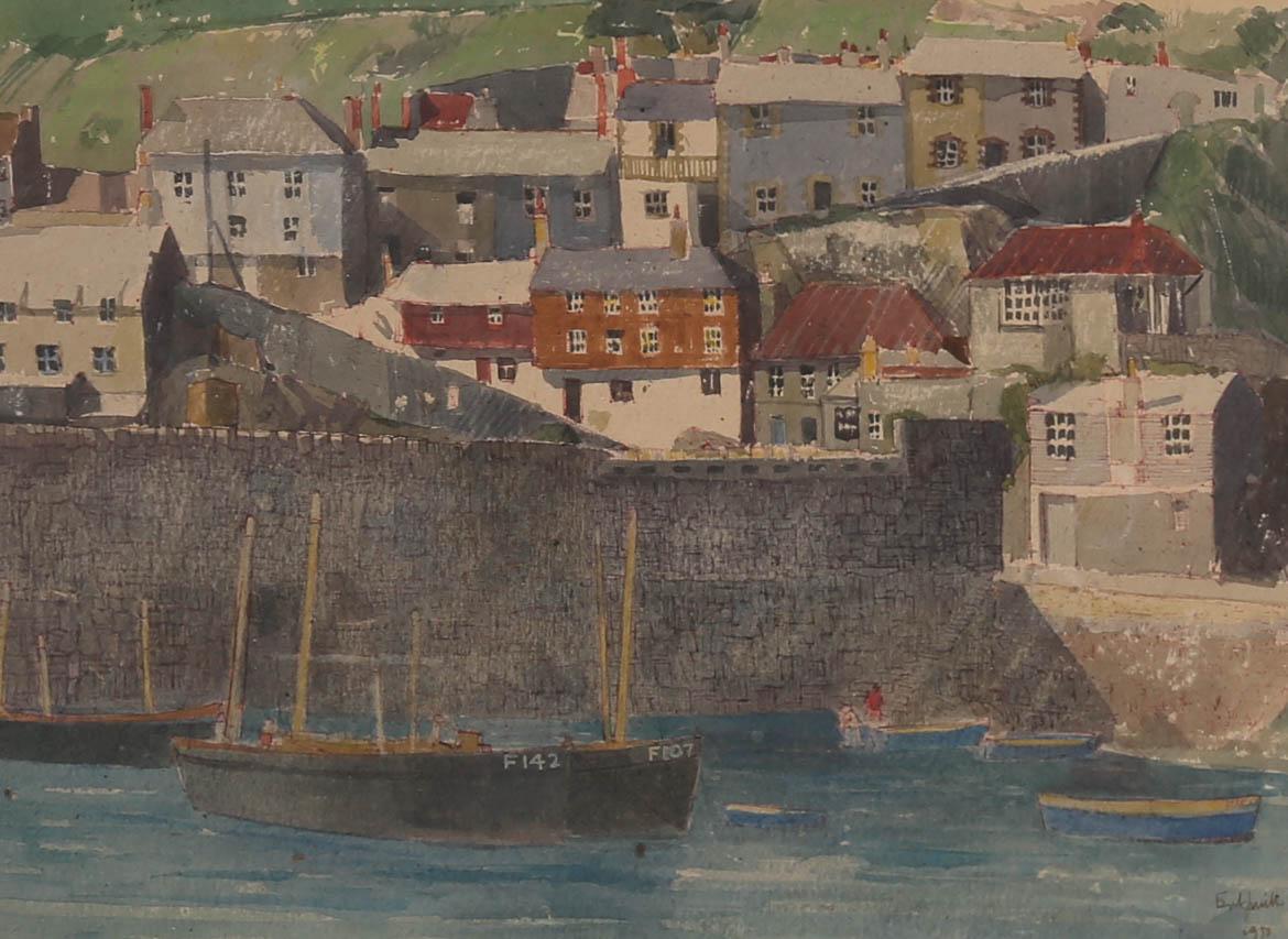 Erik Smith (1914-1972) - Acquerello del 1950 incorniciato, La città dei pescatori in vendita 3