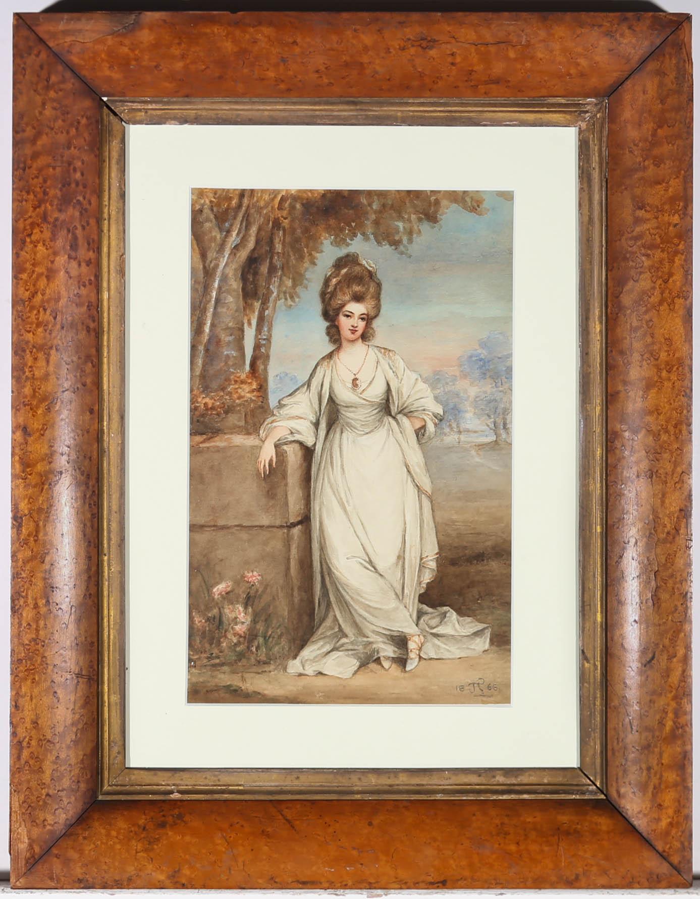Charmante aquarelle de la fin du XIXe siècle représentant une jeune femme finement vêtue d'une robe blanche flottante et coiffée avec élégance, selon la mode du XVIIIe siècle. L'artiste a apposé son monogramme et la date dans le coin inférieur