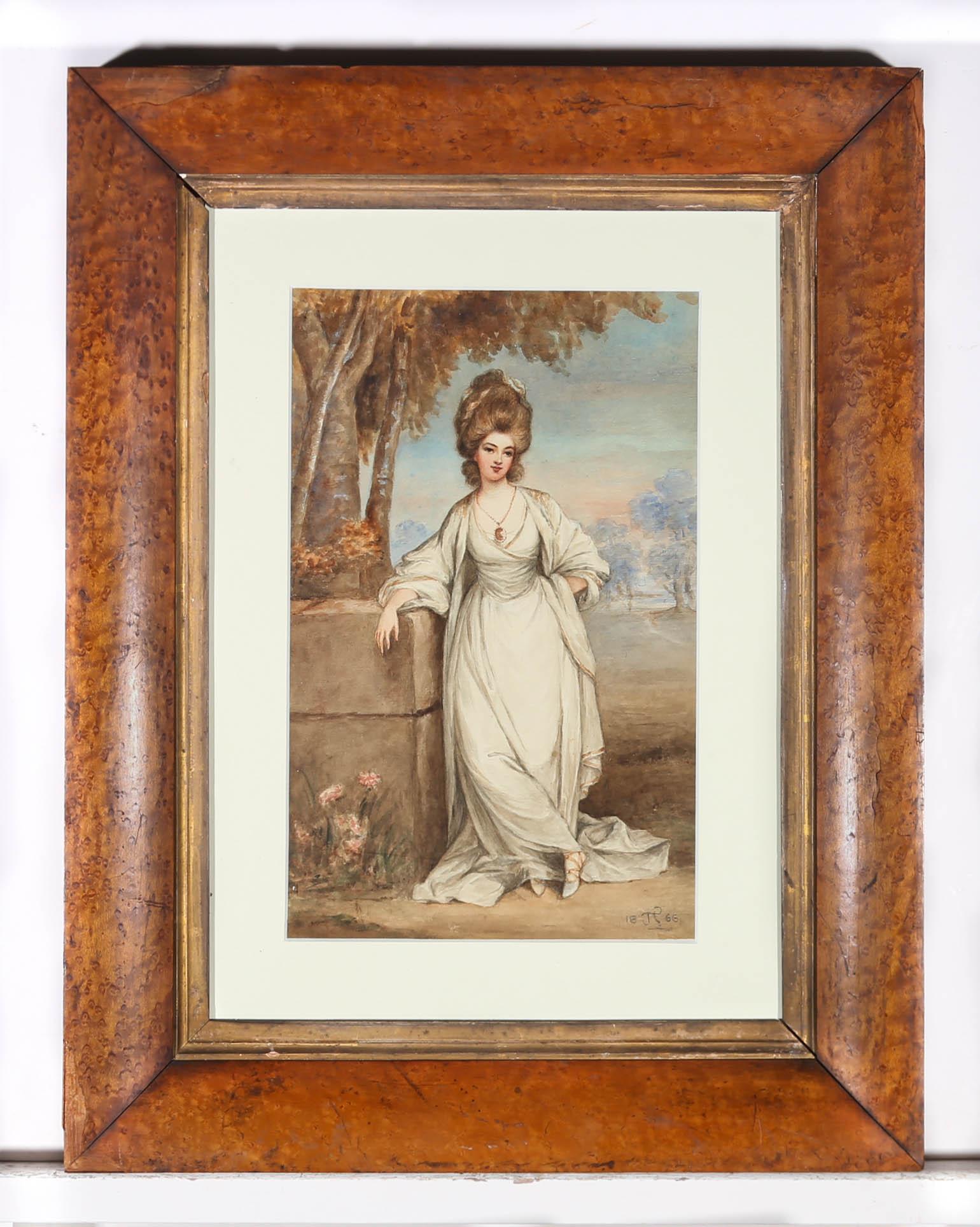 A charming late 19th Century watercolour showing a finely dressed young lady in a flowing white gown and elegantly styled hair in the fashion of the 18th Century. The artist has monogrammed and dated to the lower right corner and the painting has