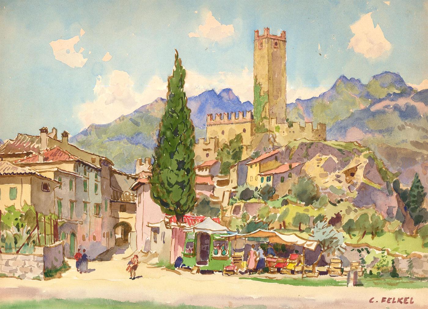Carl Felkel (1896-1984) - Acquerello della metà del XX secolo, Città sulla collina 2