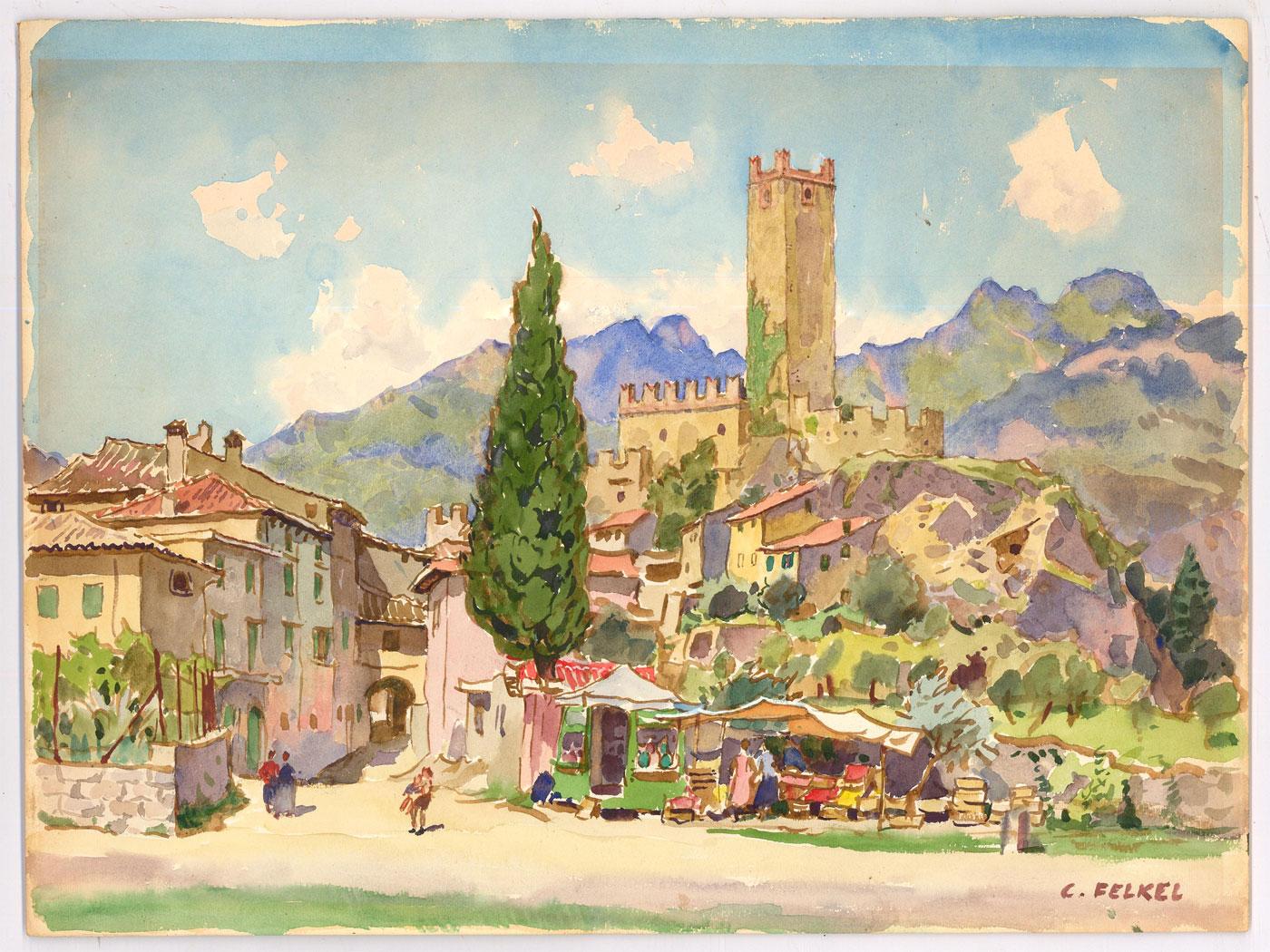 Carl Felkel (1896-1984) - Acquerello della metà del XX secolo, Città sulla collina 3