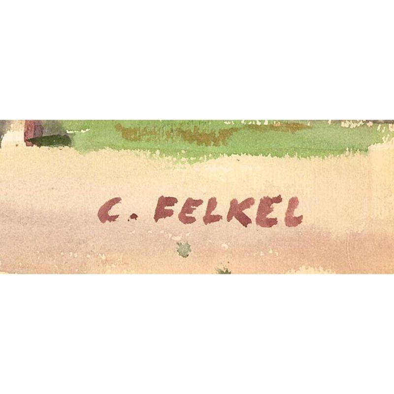 Carl Felkel (1896-1984) - Acquerello della metà del XX secolo, Città sulla collina 4