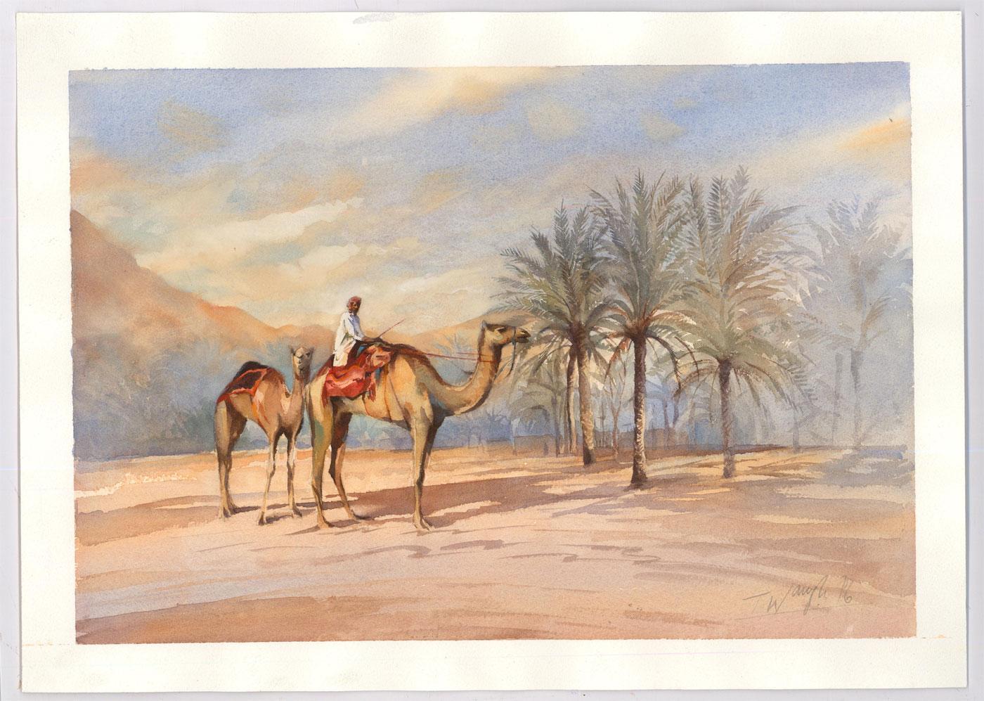 A tranquil watercolour study of a camel owner riding out to a desert oasis with his two camel. Seen growing in this fertile spot is an abundance of tropical palms. The contemporary style painting is signed and dated to the lower right-hand corner.