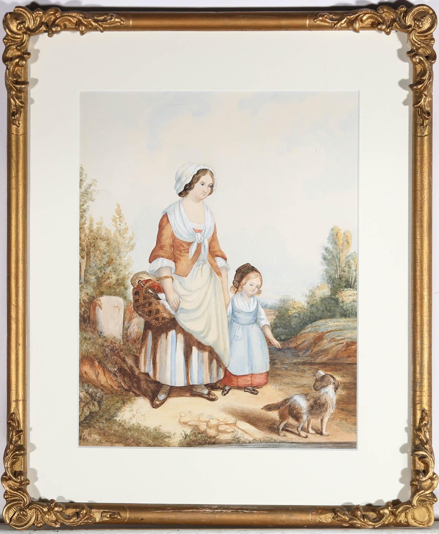 Cette délicieuse étude à l'aquarelle représente une mère et sa fille, main dans la main, sur un chemin de campagne. Les deux personnages regardent le petit chien qui se trouve devant eux, tandis que l'enfant lui tend doucement la main. Peint avec de