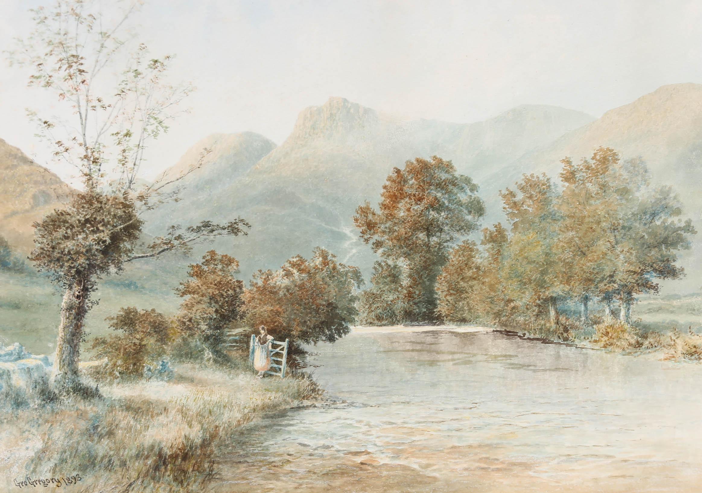 A large watercolour landscape featuring a woman resting by a gate on a riverbank. Tall mountains fill the background of the composition with their peaks pointing through the mist. Signed and dated to the lower left. On paper.