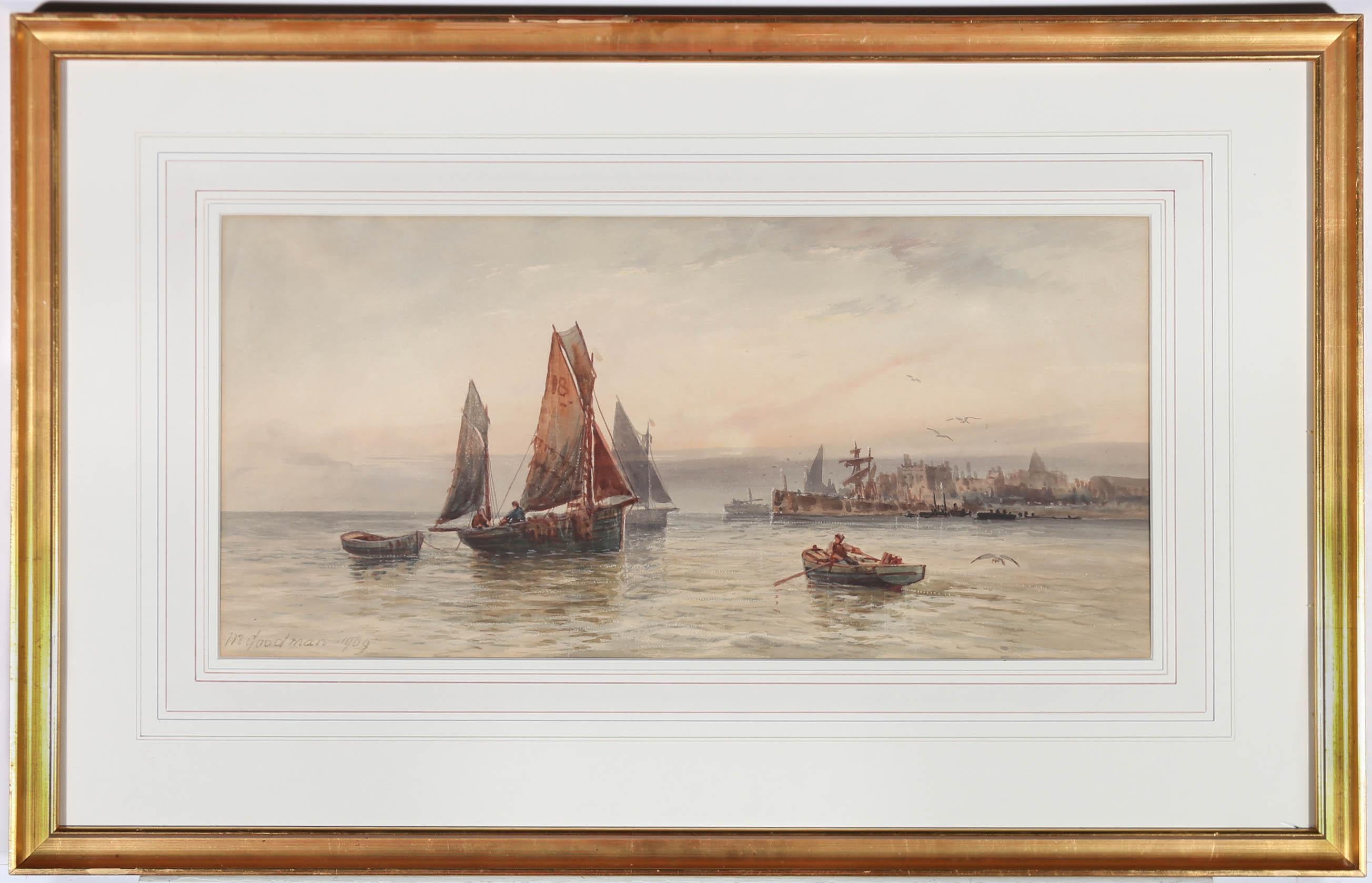 An early 20th century continental themed watercolour depicting two manned sailing boats out in calm waters. Visible in the painting's background a coastal harbour can be seen with a large stone jetty. The watercolour is signed and dated to the lower