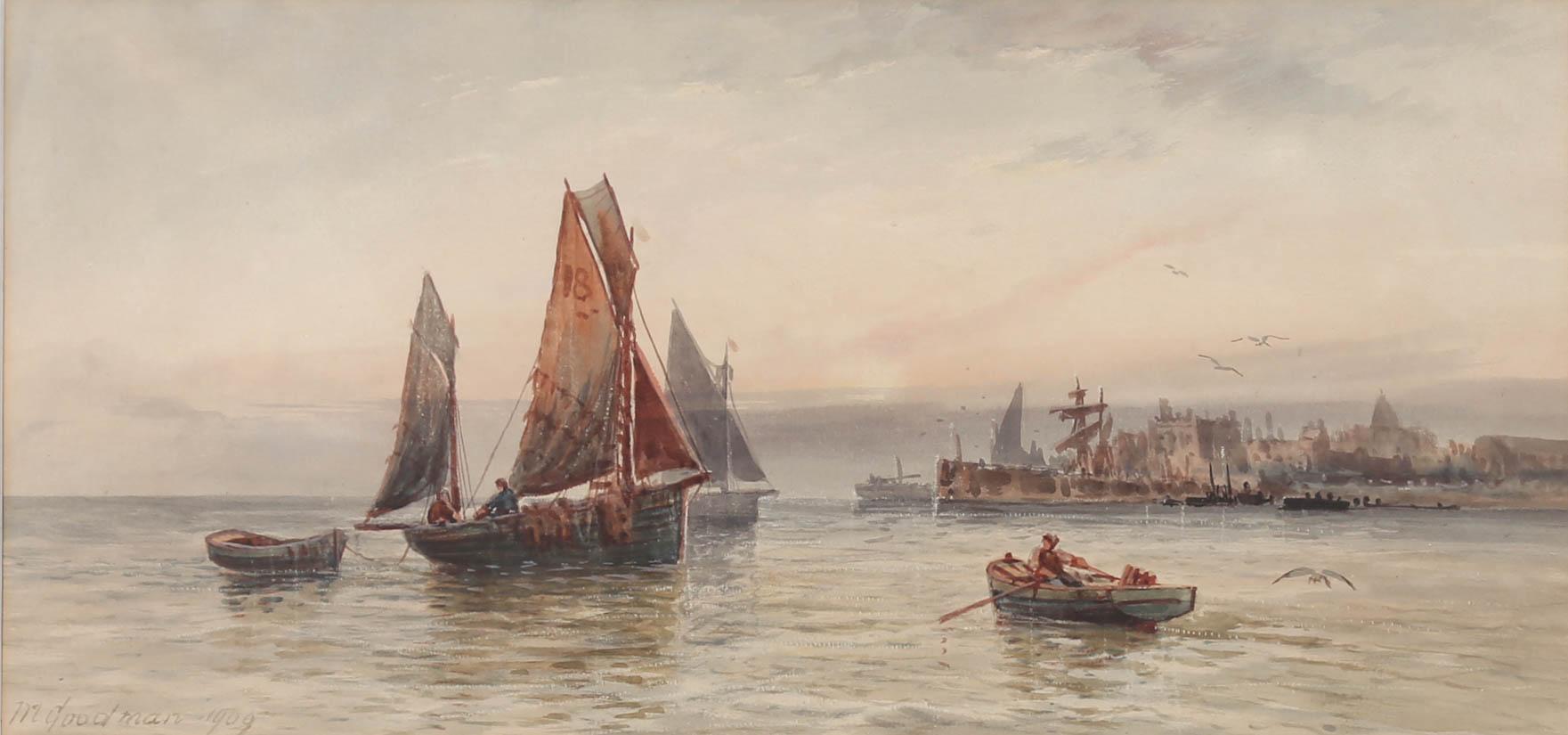 M. Goodman - Framed 1909 Watercolour, Out of the Harbour For Sale 1