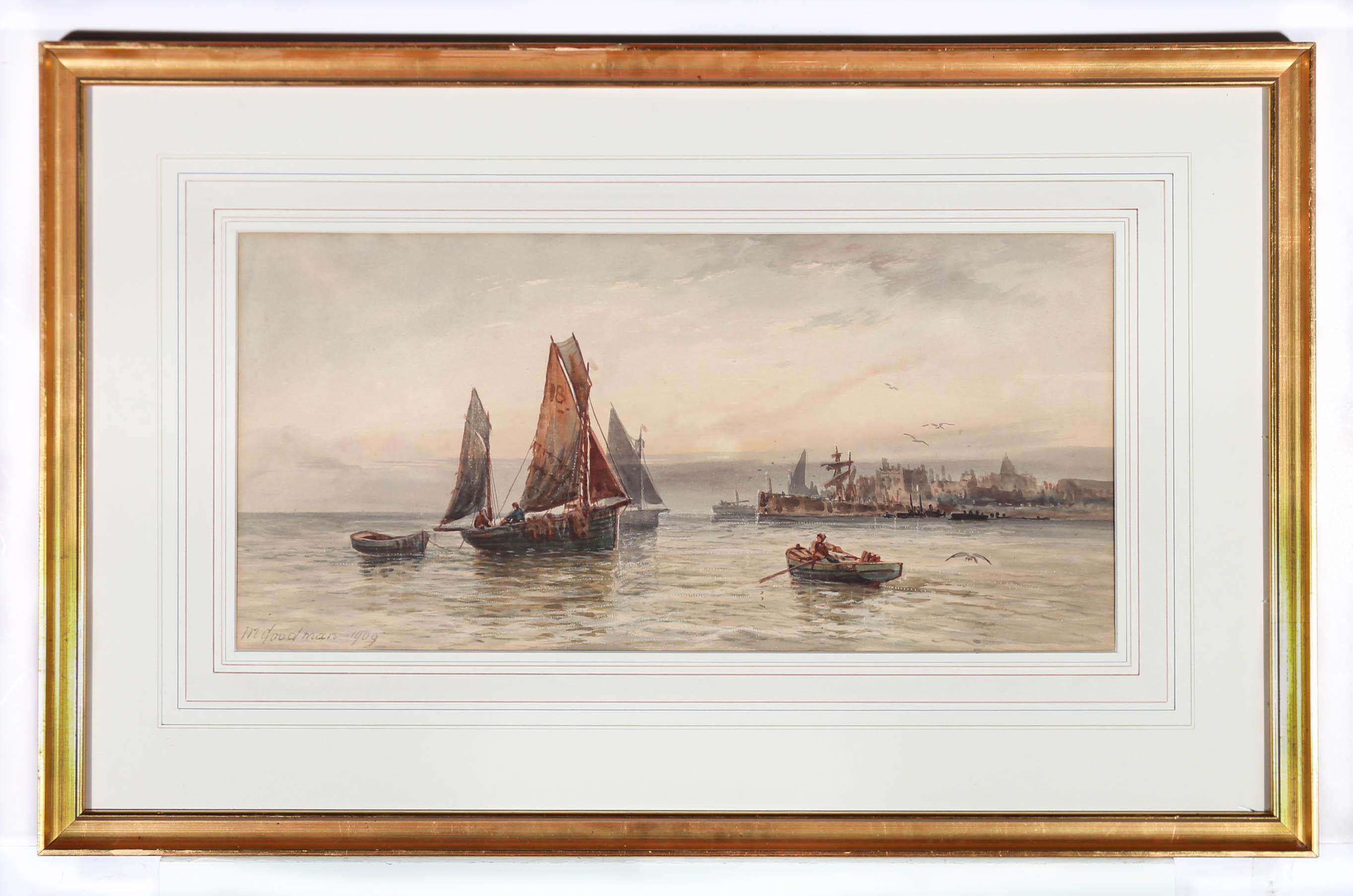 M. Goodman - Framed 1909 Watercolour, Out of the Harbour For Sale 2