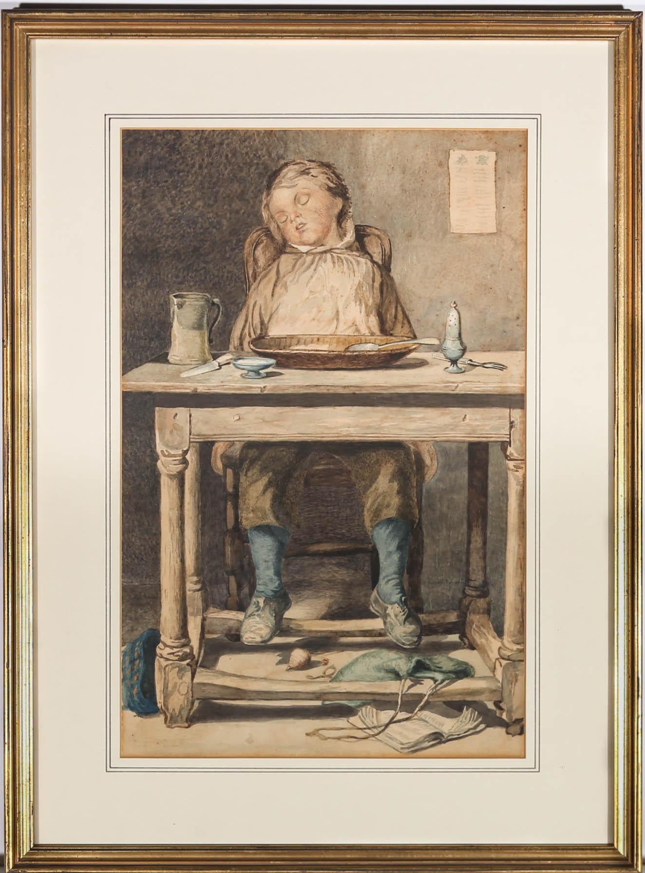 Unknown Figurative Art - Pair of 19th Century Watercolours - Tucking In, Full Up