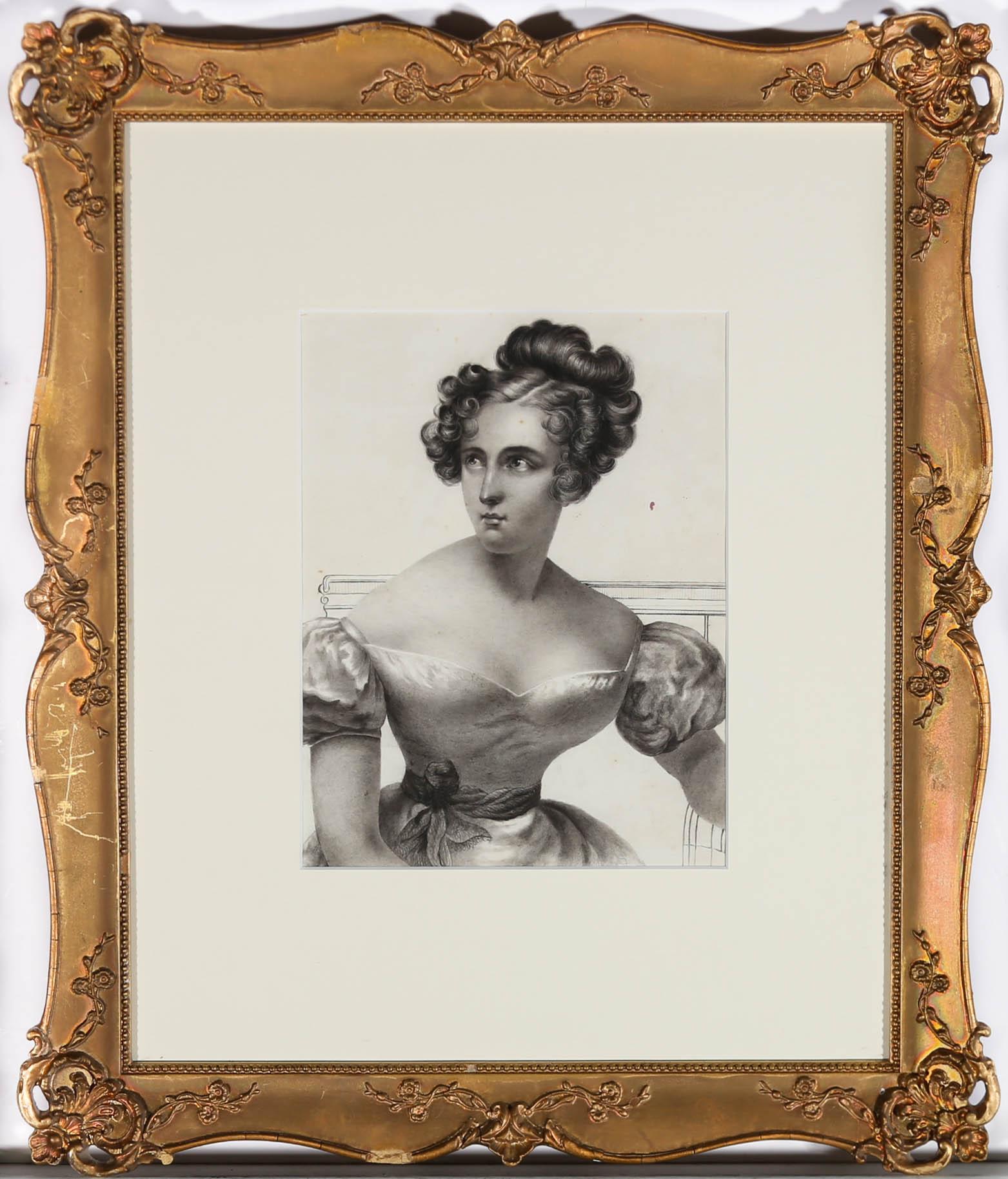 Remarquable portrait au fusain du début du 19e siècle, représentant une élégante jeune femme. Sa robe et le style de ses cheveux permettent de dater ce portrait vers 1830. Ses épaules douces et inclinées et ses petits traits de chérubin sont des