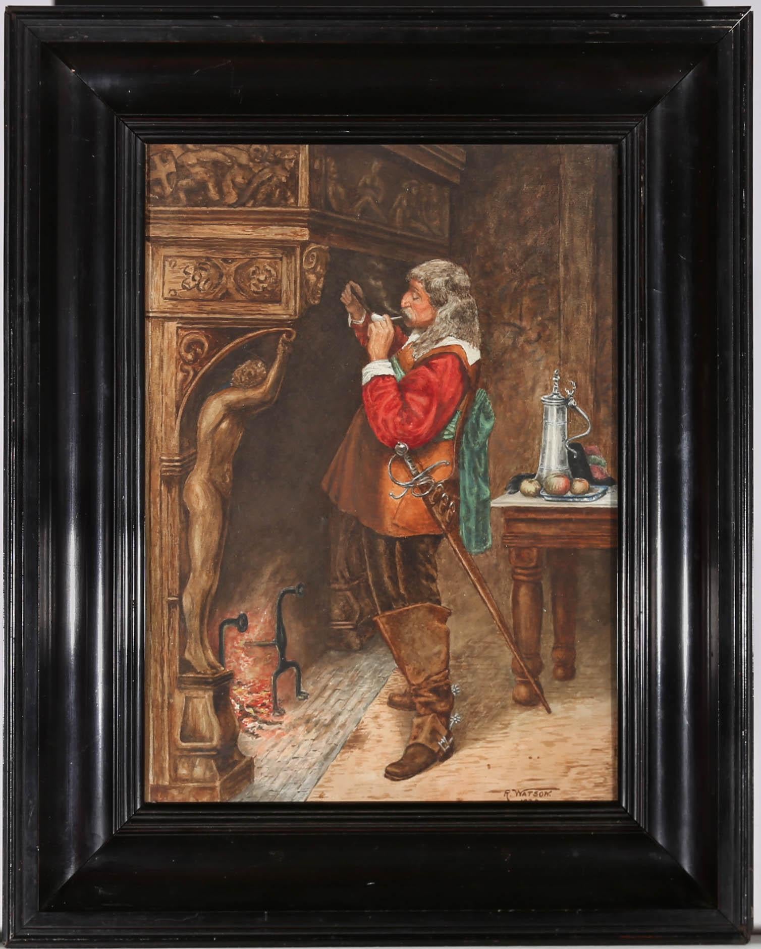A fine early 20th Century interior scene in watercolour showing a 17th Century Cavalier, lighting his pipe as he stands by a glowing open fire with impressive carved wooden surround. The artist has signed and dated to the lower right corner and the