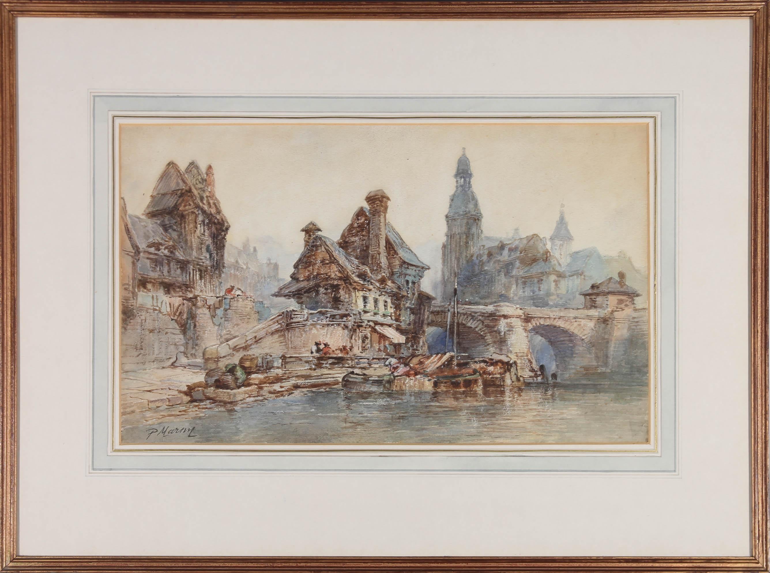Cette délicieuse aquarelle représente des péniches amarrées au quai d'un fleuve continental à l'aube. L'artiste représente des personnages déchargeant les marchandises des bateaux dans les rues pavées. Signé en bas à gauche. Présenté dans un cadre