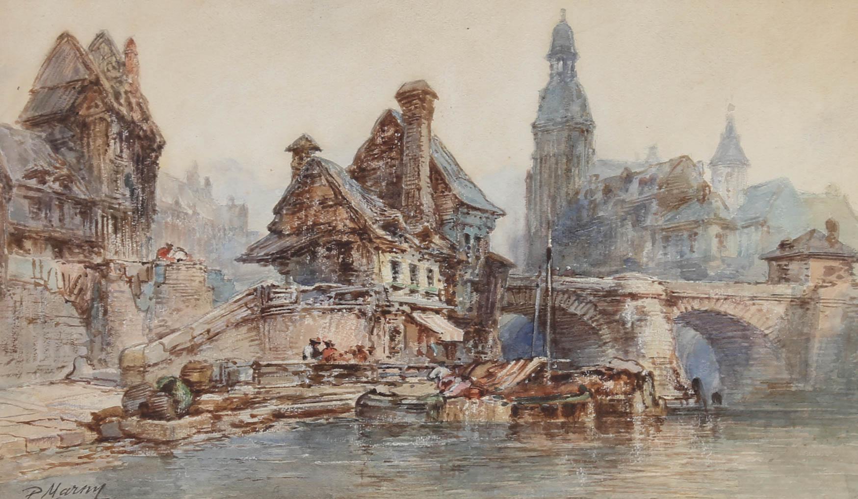Paul Marny (1829-1914) - Aquarelle de la fin du XIXe siècle, Le quai au crépuscule en vente 3