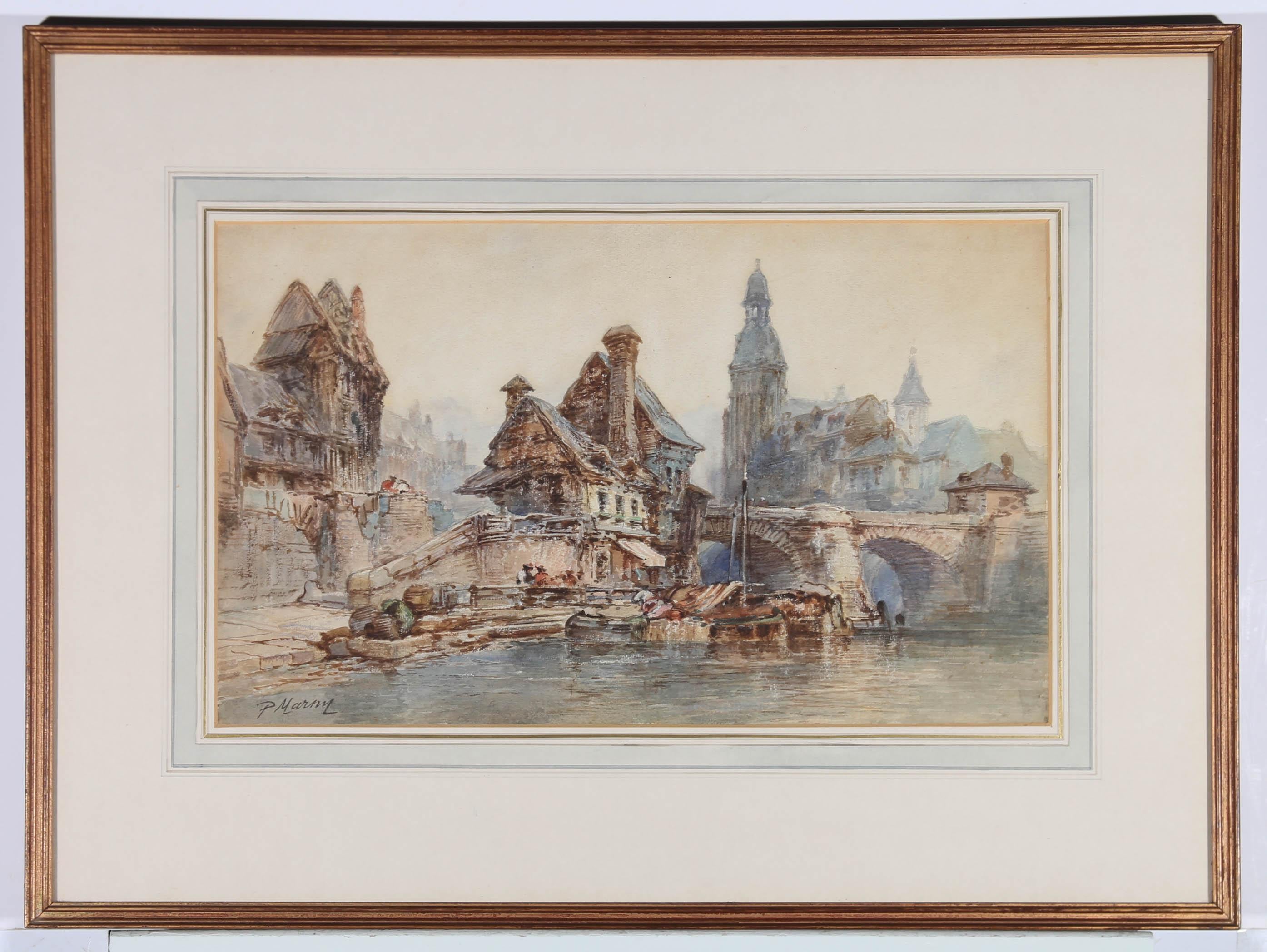 Paul Marny (1829-1914) - Aquarelle de la fin du XIXe siècle, Le quai au crépuscule en vente 4