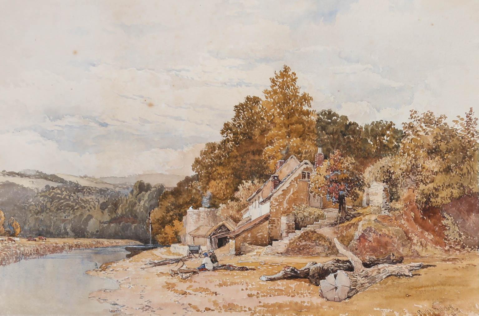 A charming landscape scene depicting two figures sat by a river looking out over rolling hills and grazing cattle. A stone cottage stands in the foreground painted in fine watercolour detail. Signed and dated to the lower right. Title inscribed on