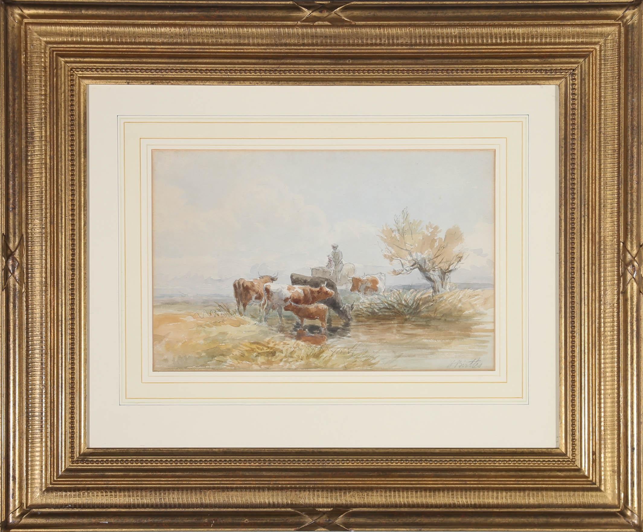 A simplistic watercolour scene with pencil detail attributed to Henry Birtles RA (1838-1907), depicting a small group of cattle drinking from a river, in a vast open landscape. A parent and child can be seen in the centre of the composition mounted